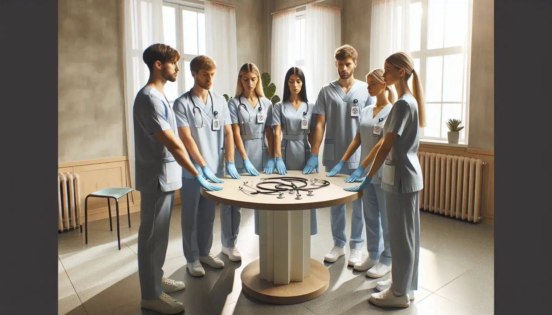 Grupo de cinco enfermeras en uniformes azules claros mostrando unidad con las manos juntas sobre una mesa con estetoscopios y guantes de látex en una sala iluminada naturalmente.