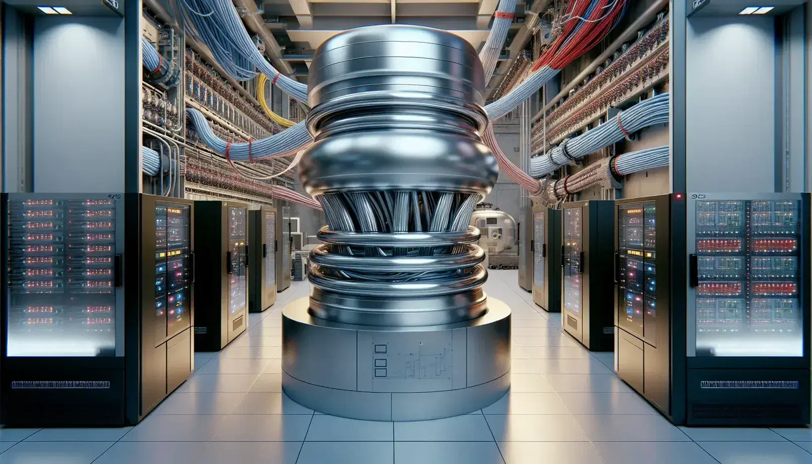 Particle physics laboratory with metallic cylindrical accelerator, colored tubes, LED-illuminated computer racks and spherical sensing chamber.