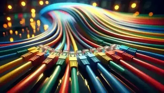 Cavi Ethernet colorati intrecciati con connettori RJ45 in primo piano e sfondo sfocato di un rack di server.