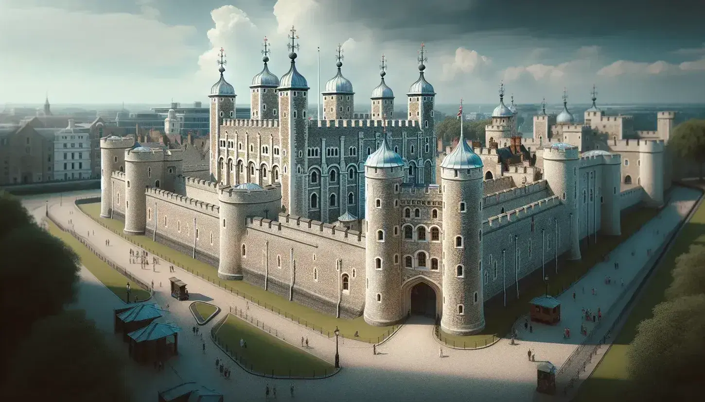 La Torre di Londra, con la sua imponente White Tower e tetti conici, si erge sulle rive del Tamigi, circondata da visitatori e verdeggianti prati.