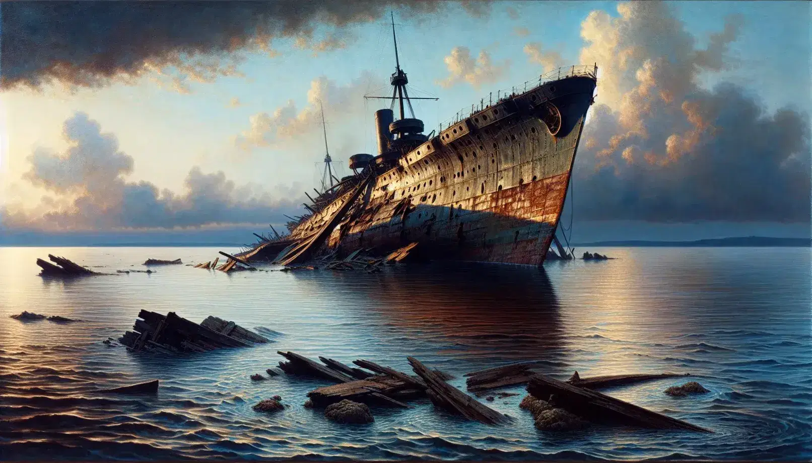 Late 19th-century battleship wreckage in a calm sea, hull rust-streaked and deck charred, with floating debris and a distant coastline silhouette.