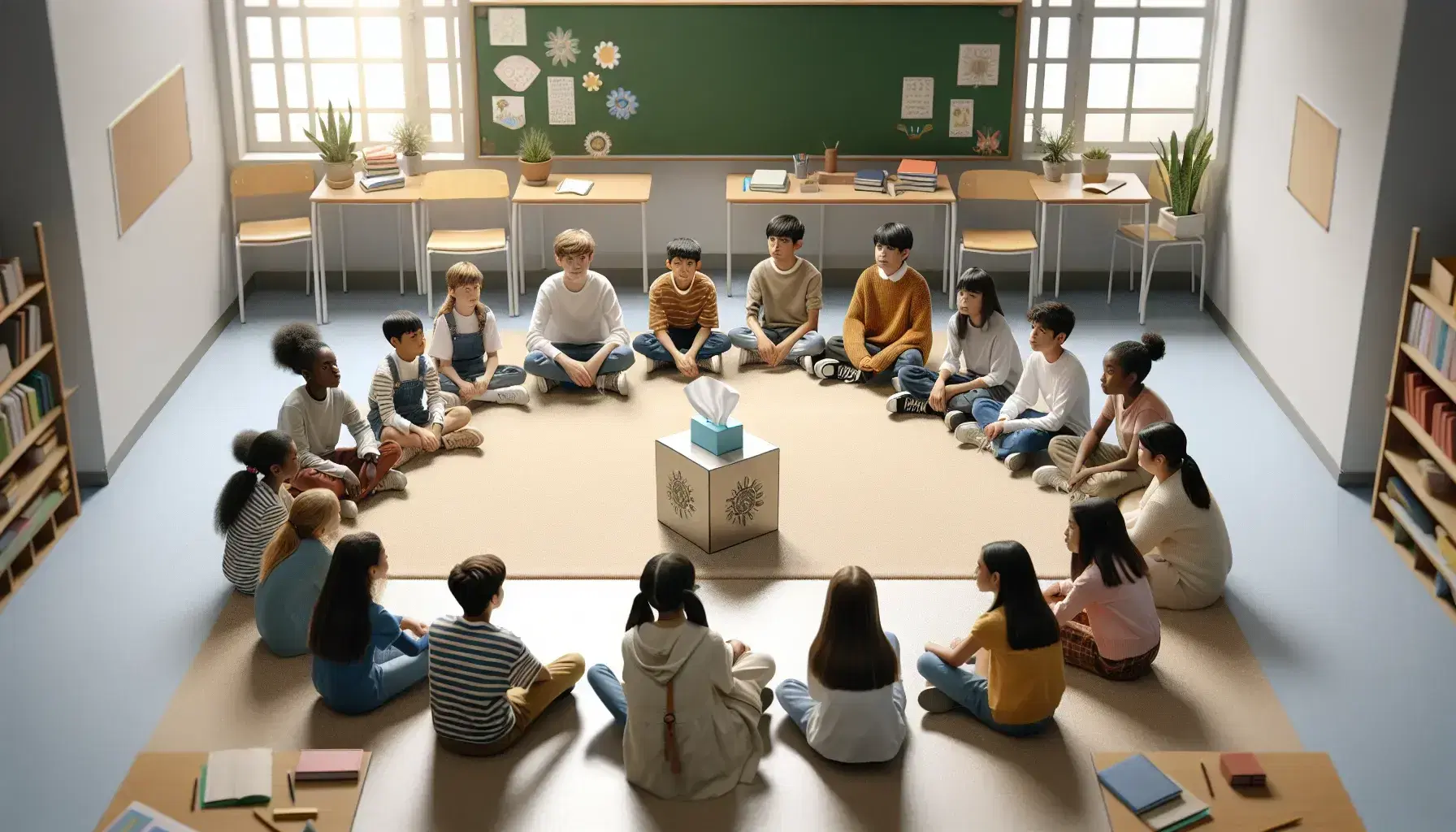 Círculo de estudiantes de diversas etnias sentados en el suelo de un aula iluminada naturalmente, escuchando y compartiendo emociones con una caja de pañuelos en el centro.