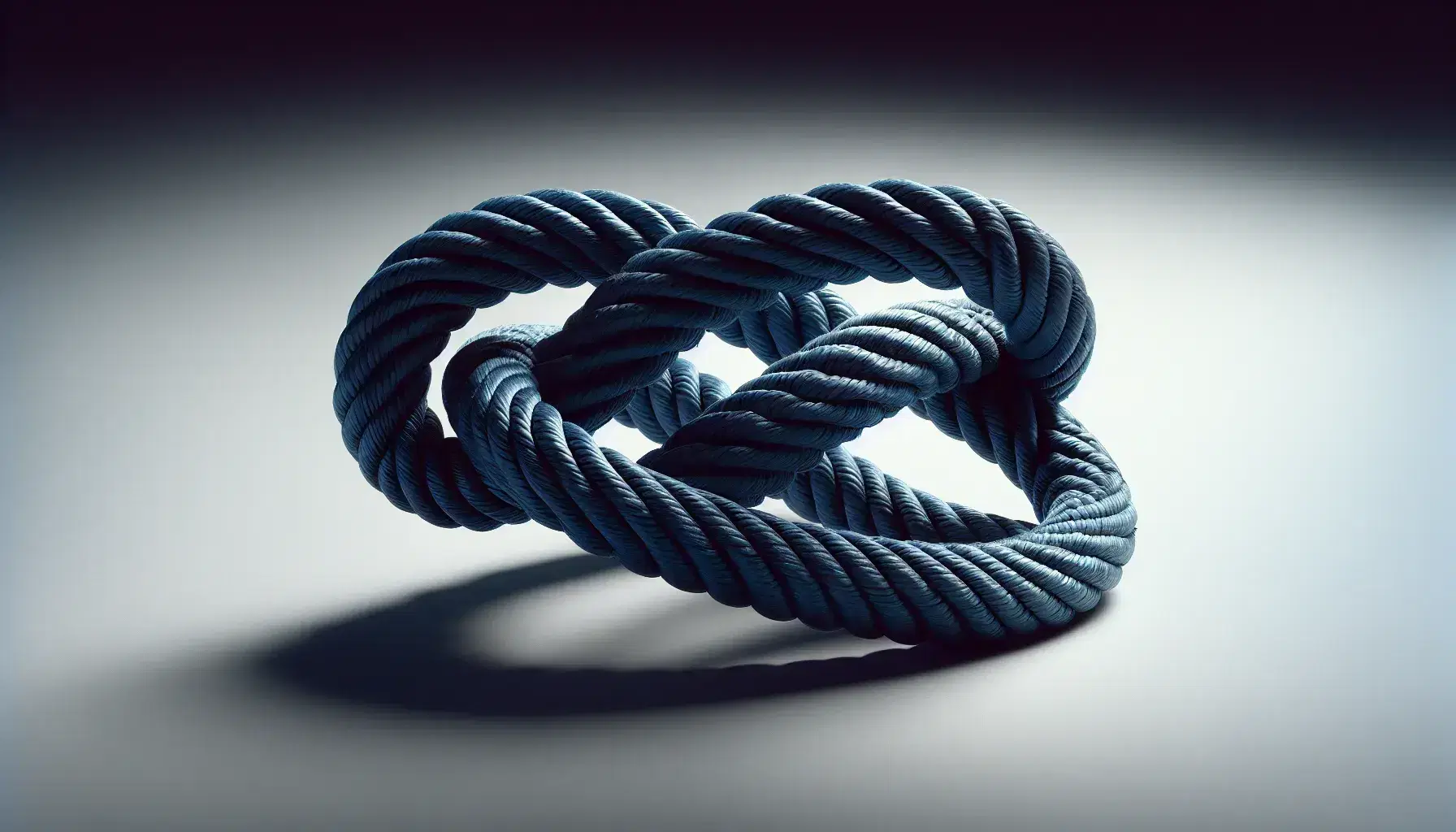 Close-up of a complex knot made with thick blue rope on a light gray background, highlighting texture and shadows.