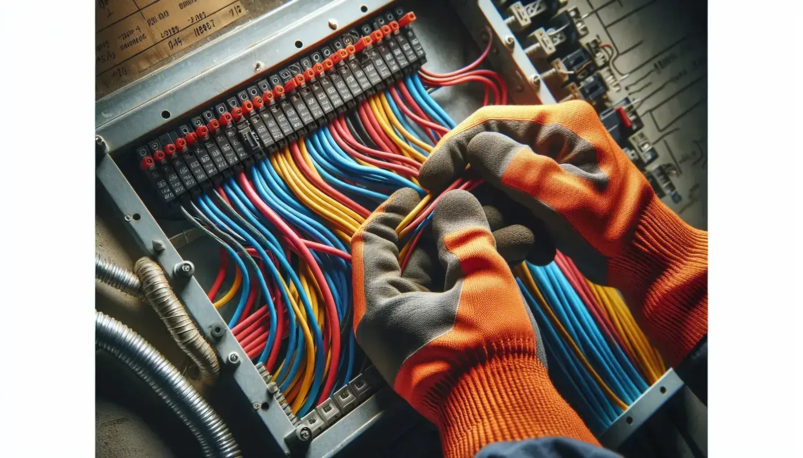 Manos de electricista con guantes aislantes naranjas manipulando cables de colores rojo, azul, amarillo y negro en instalación eléctrica.