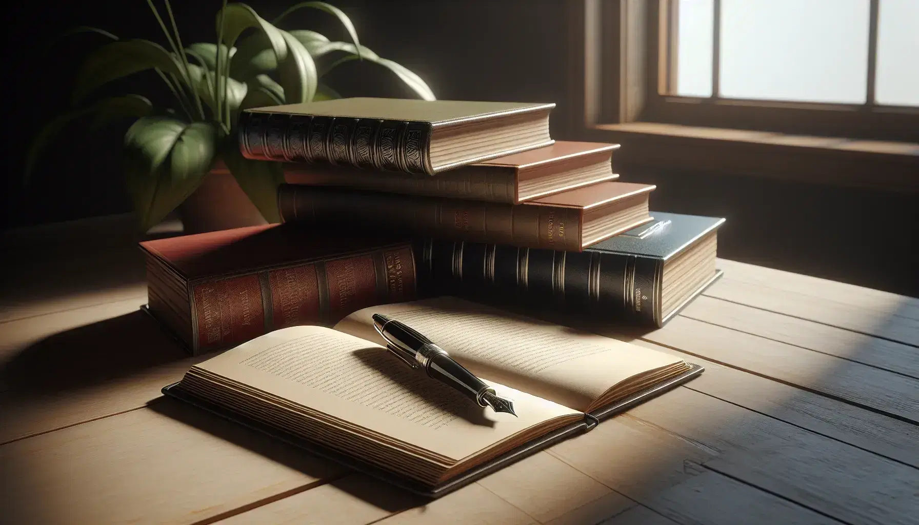 Libros apilados sobre mesa de madera con un libro abierto y pluma estilográfica negra, trasfondo de planta verde en maceta terracota.