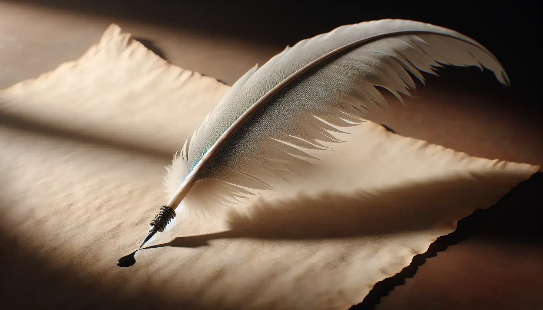 Traditional quill pen with white and gray feathers resting on blank antique parchment paper, against a blurred dark wooden background.