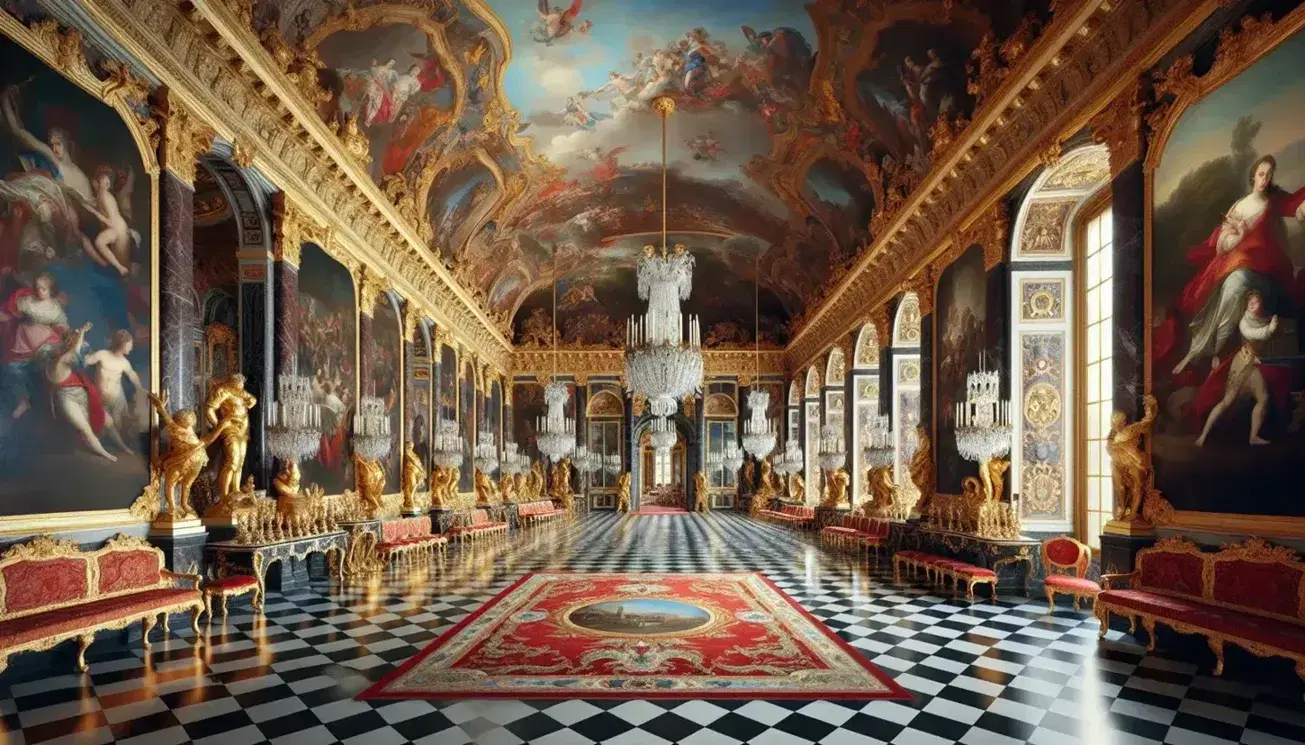 Sala barocca del Palazzo di Versailles con pavimento a scacchi, tappeto rosso, pareti dorate, affreschi mitologici e lampadari di cristallo.