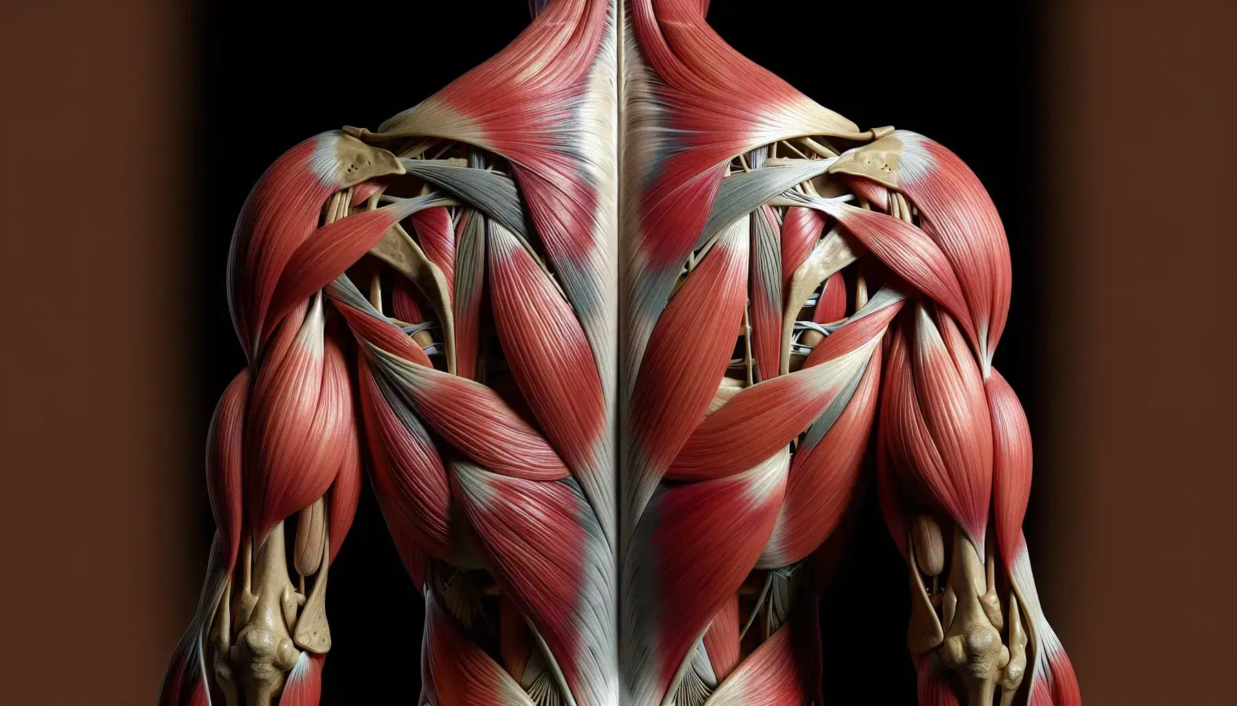 Vista trasera de torso humano desnudo mostrando músculos detallados de la región escapular, con trapezio, romboides y manguito rotador alrededor de la escápula.