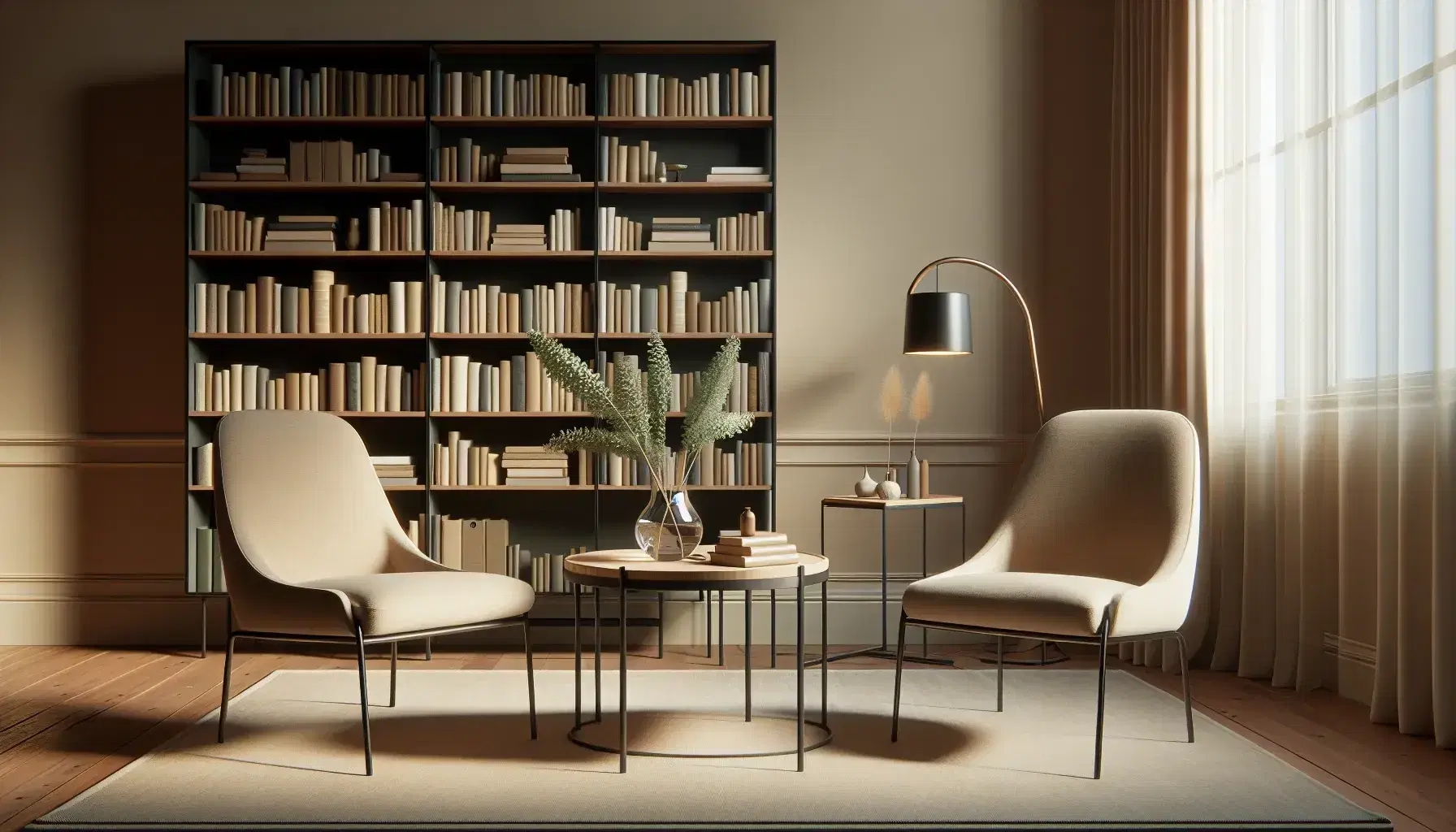 Sala de terapia psicológica con dos sillas beige frente a frente, mesa redonda con jarrón y ramas verdes, estantería con libros y suave iluminación.