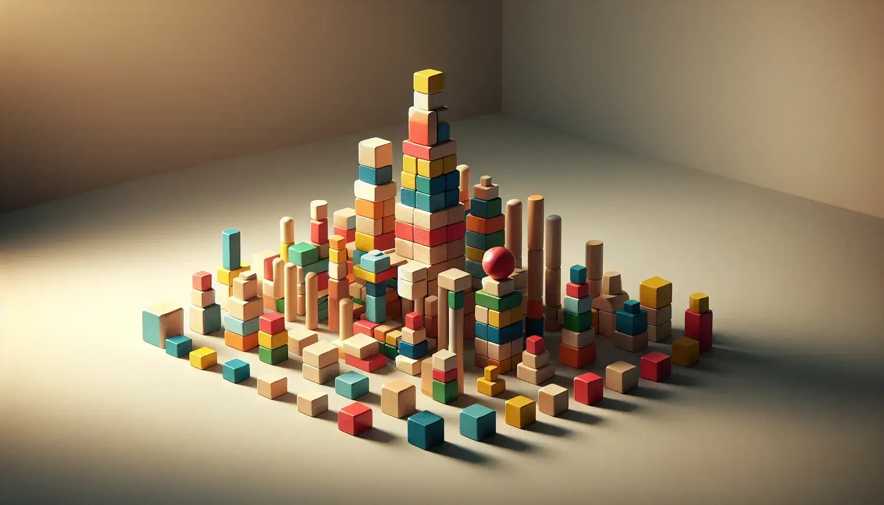 Bloques de madera de colores y formas geométricas variadas formando una torre piramidal en una superficie lisa con sombras alargadas.
