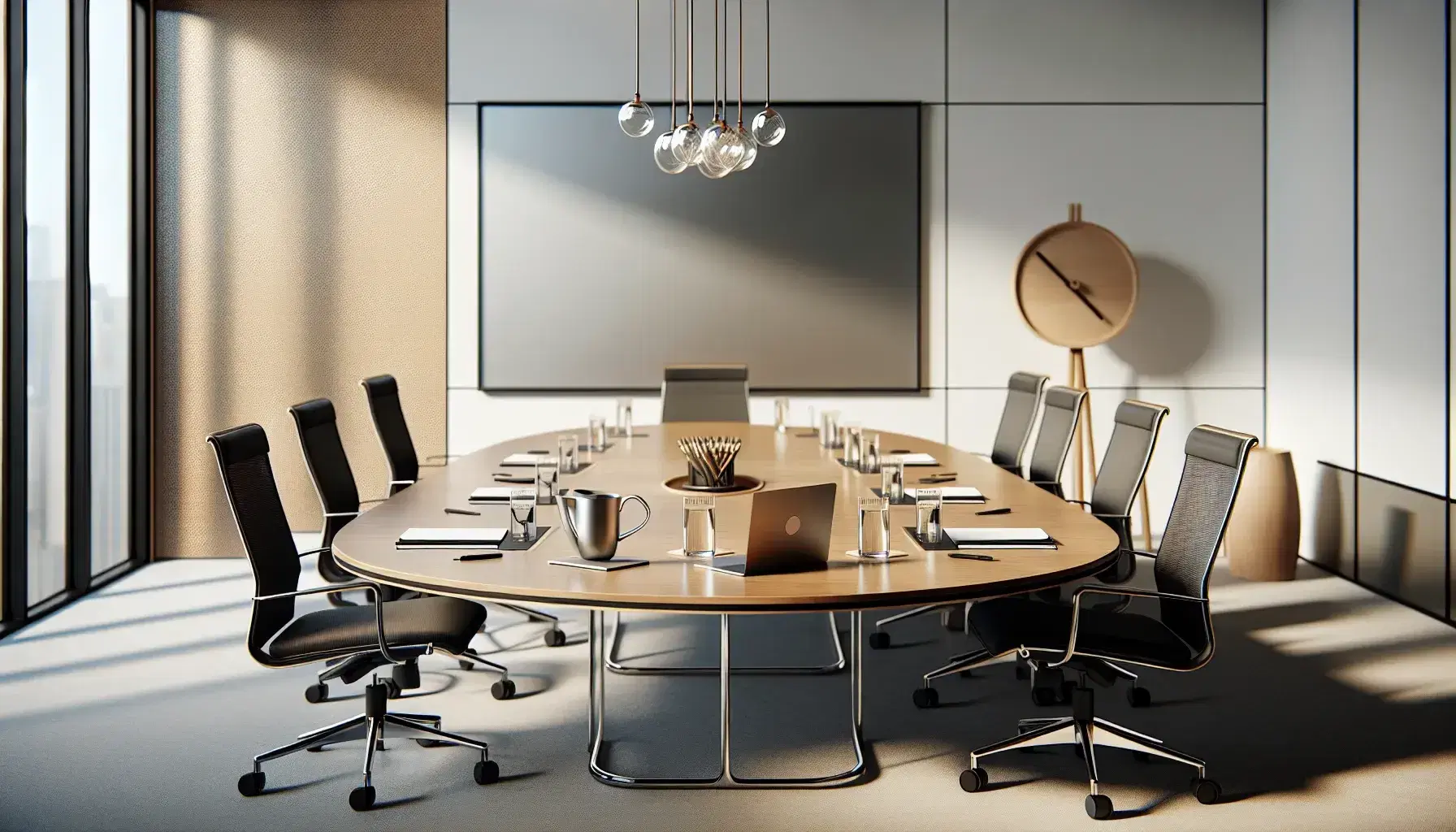 Professional meeting room with oval wooden table, ergonomic chairs, laptop, water pitcher, glass tumblers, white papers, pens, whiteboard, and natural light.