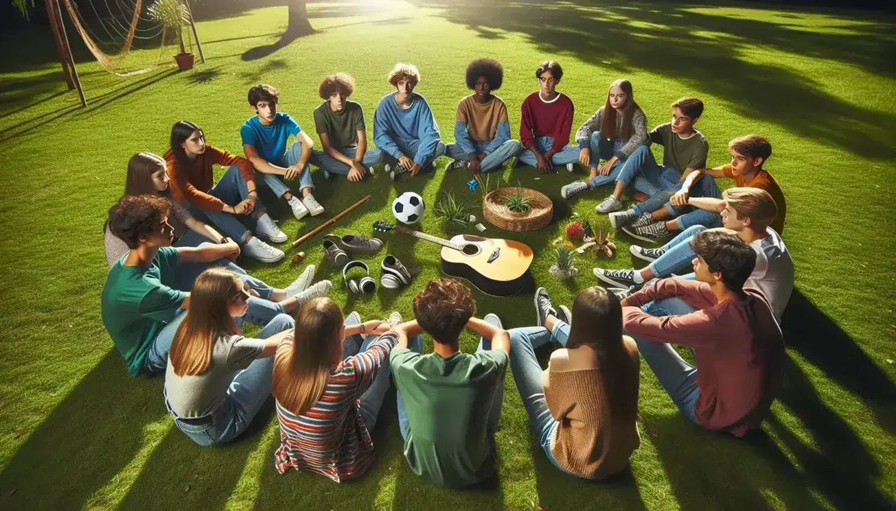 Gruppo eterogeneo di adolescenti seduti in cerchio su prato verde con palla da calcio, chitarra e cuffie, in un contesto di condivisione e dialogo.