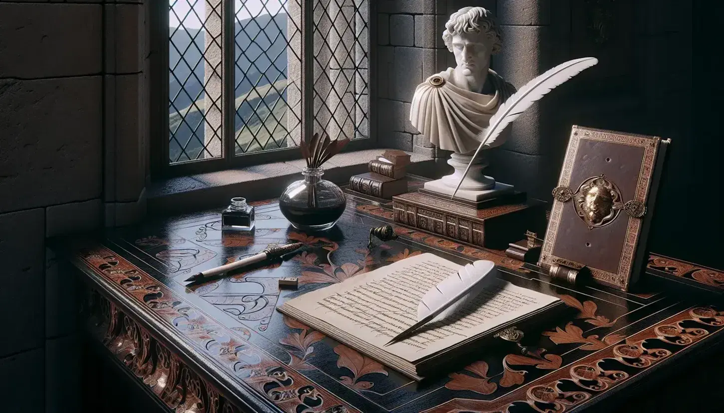 Scena rinascimentale con scrivania in legno scuro, penna d'oca e calamaio in bronzo, libro antico e busto marmoreo su sfondo di colline verdi.