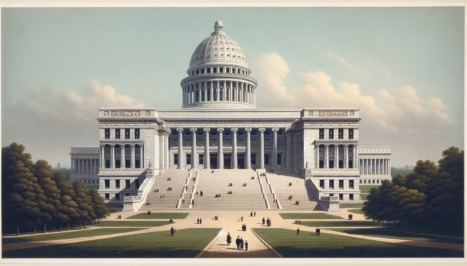 Neoclassical building with a central dome and symmetrical wings, white stone columns, wide steps, and green lawns under a clear blue sky.