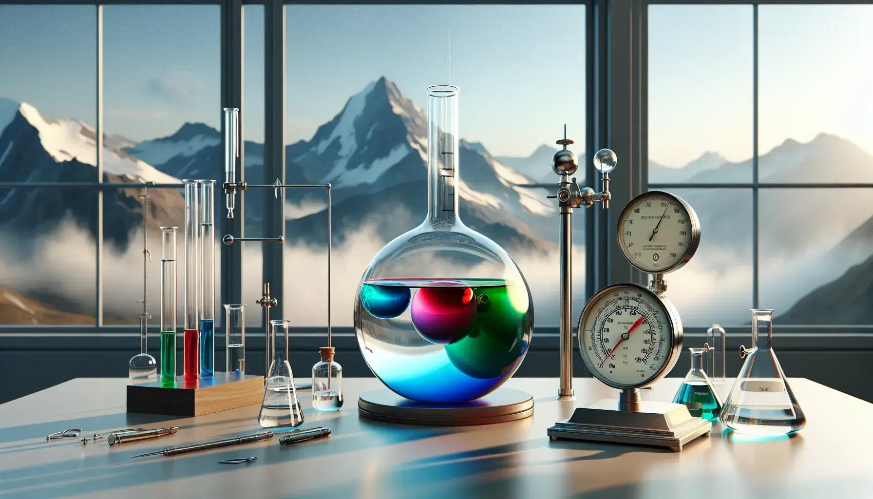 Laboratory with glass flask containing colored gases in layers of red, blue and green, mercury barometer and view of mountains indicating atmospheric pressure.