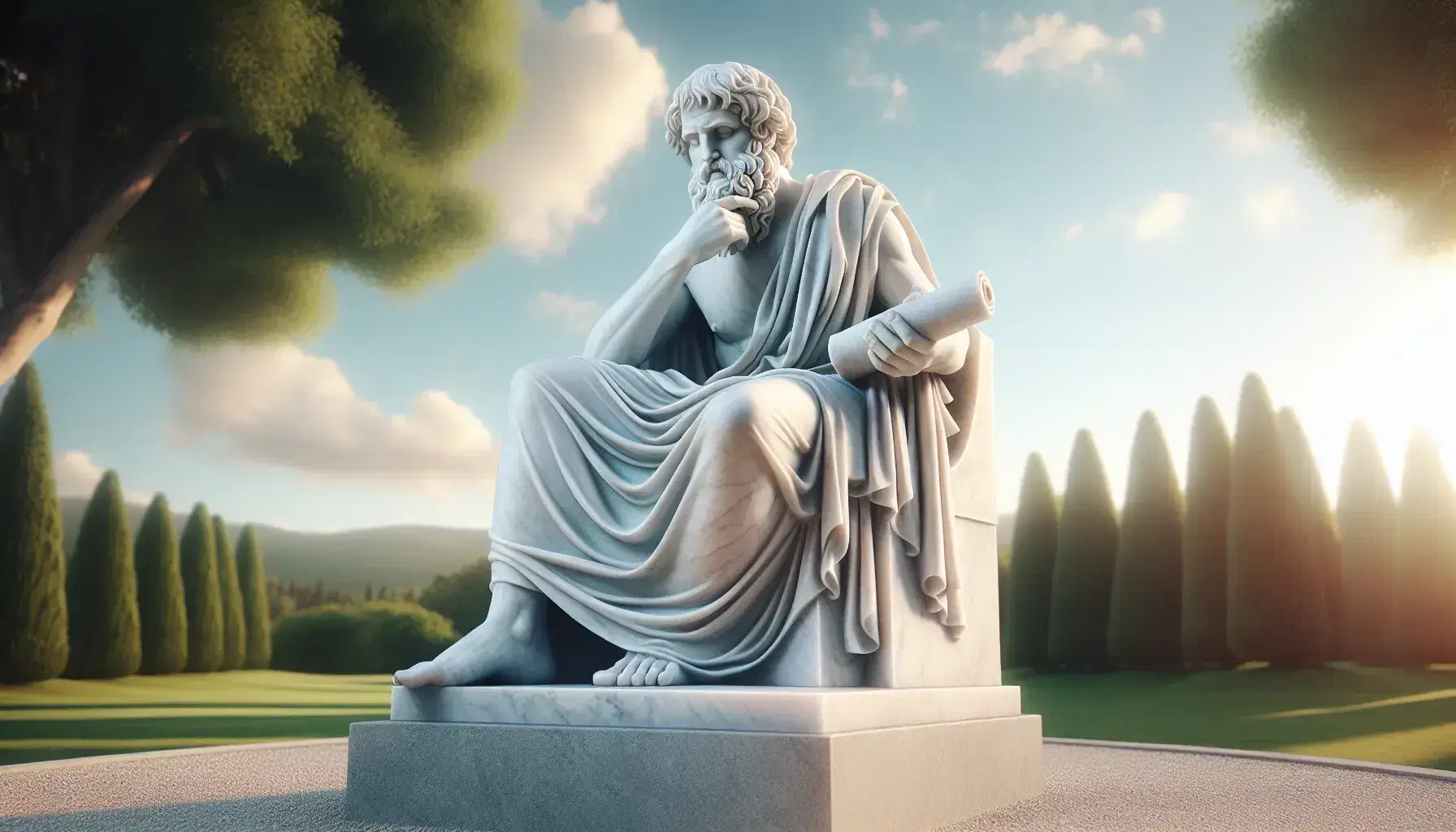 Statua in marmo bianco di filosofo greco antico in posa pensierosa con pergamena, su piedistallo grigio, in parco soleggiato.