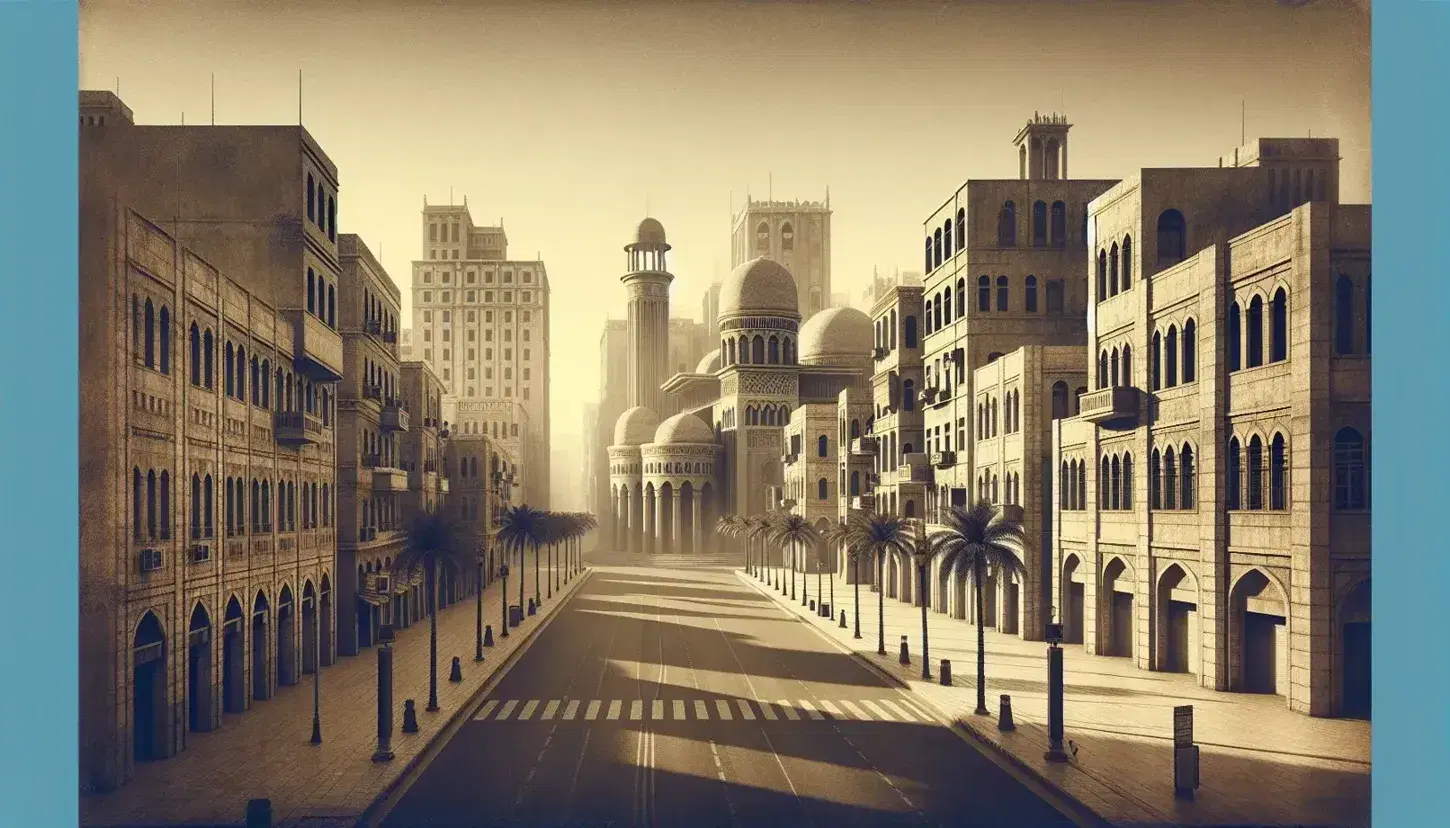 Paisaje urbano sepia con edificios de piedra, calle pavimentada, palmeras altas y cielo despejado, destacando un edificio con cúpula y torre.