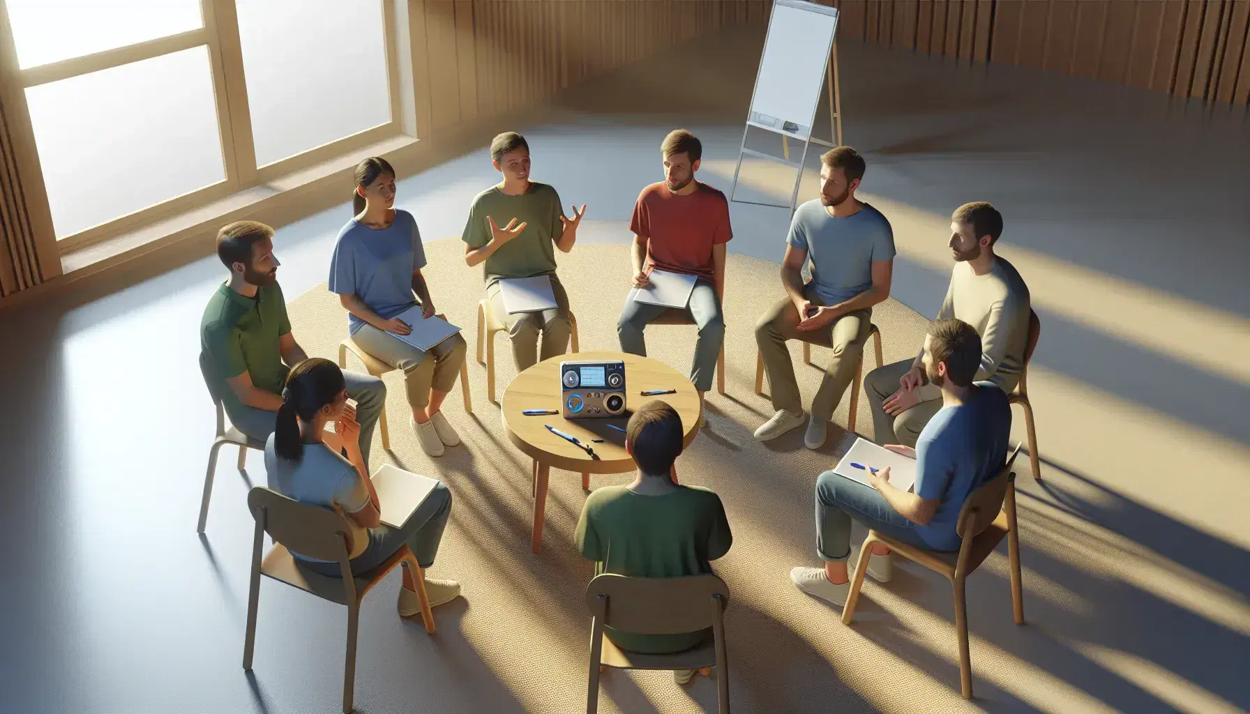 Grupo de cinco personas en discusión activa sentadas en círculo con papeles y bolígrafos, grabadora digital en el centro, en una sala iluminada naturalmente.