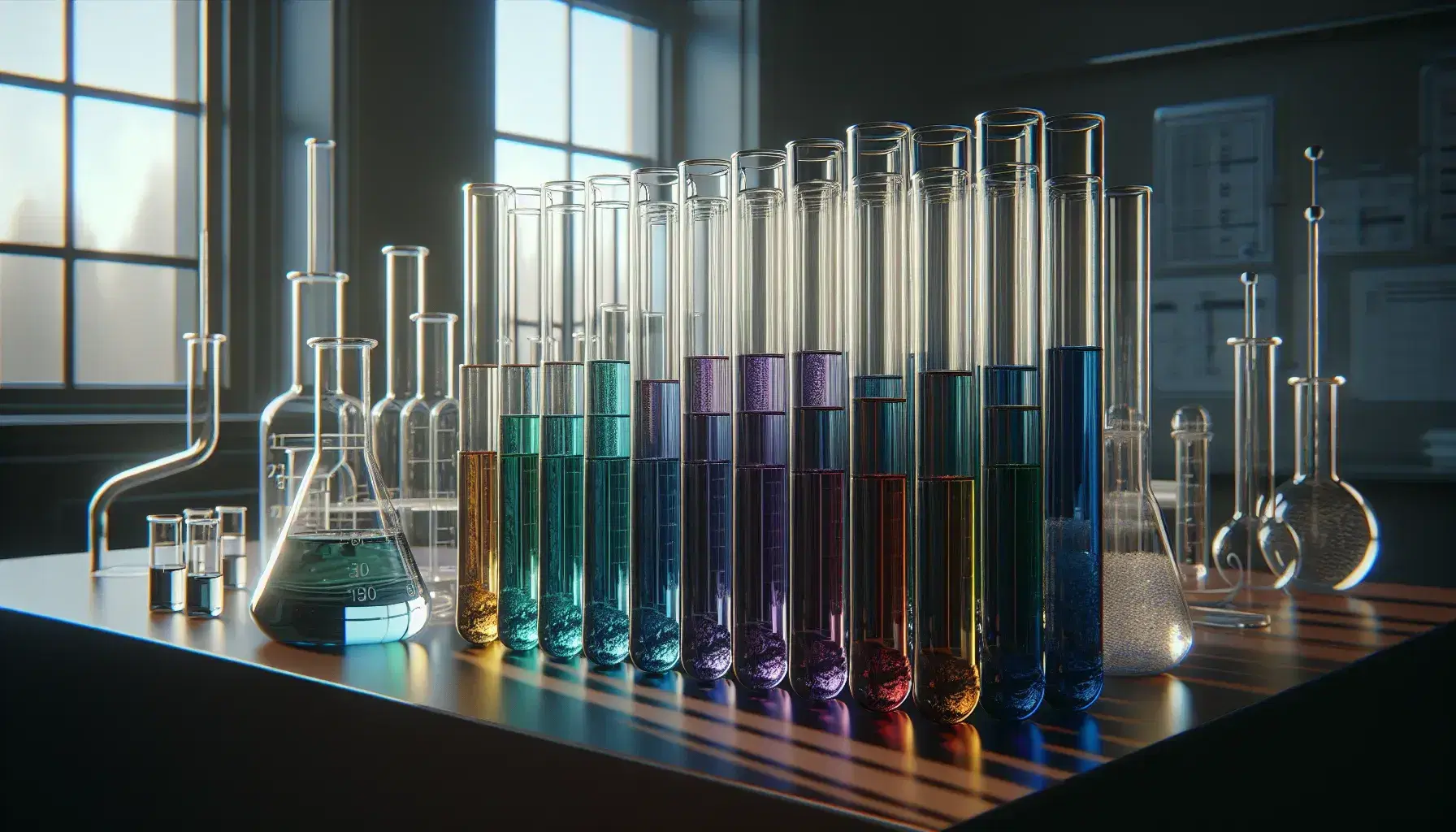 Provette di vetro con sostanze colorate su scaffale in legno, riflessi luminosi, banco laboratorio sullo sfondo, mano guantata parzialmente visibile.