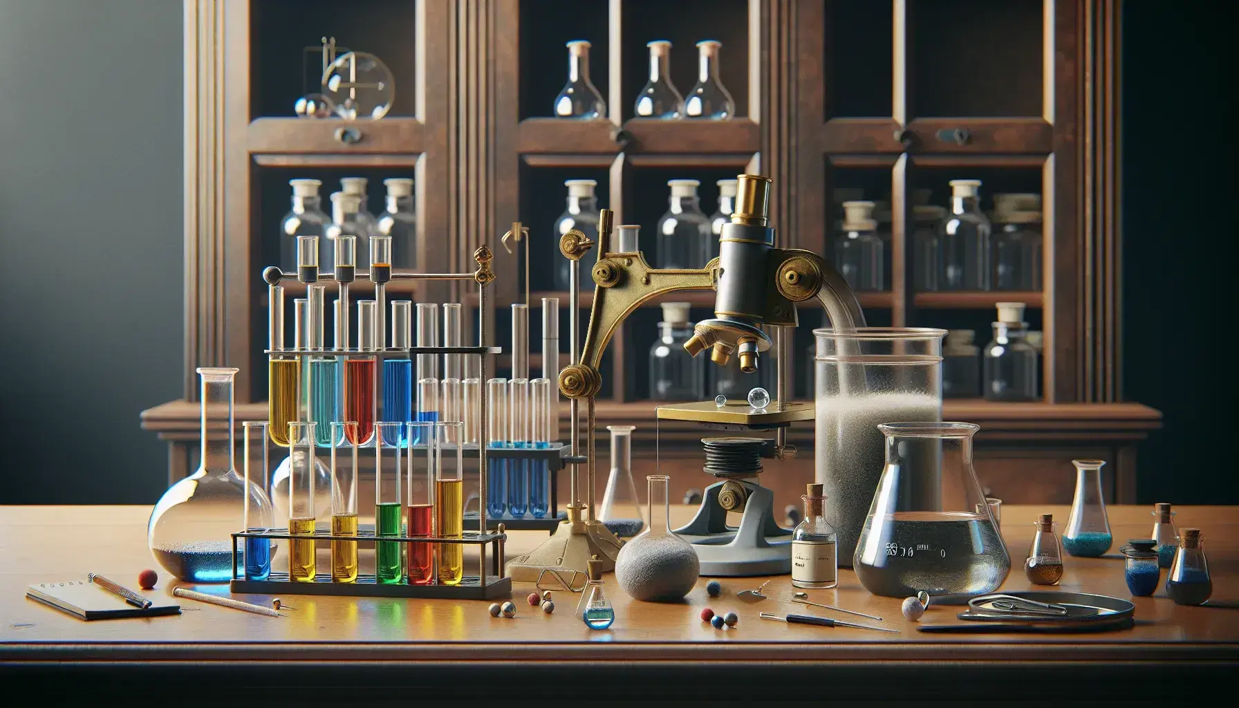 Laboratorio clásico con mesa de trabajo, tubos de ensayo de colores en soporte metálico, balanza de platillos, microscopio, frascos en estantería y planta verde.
