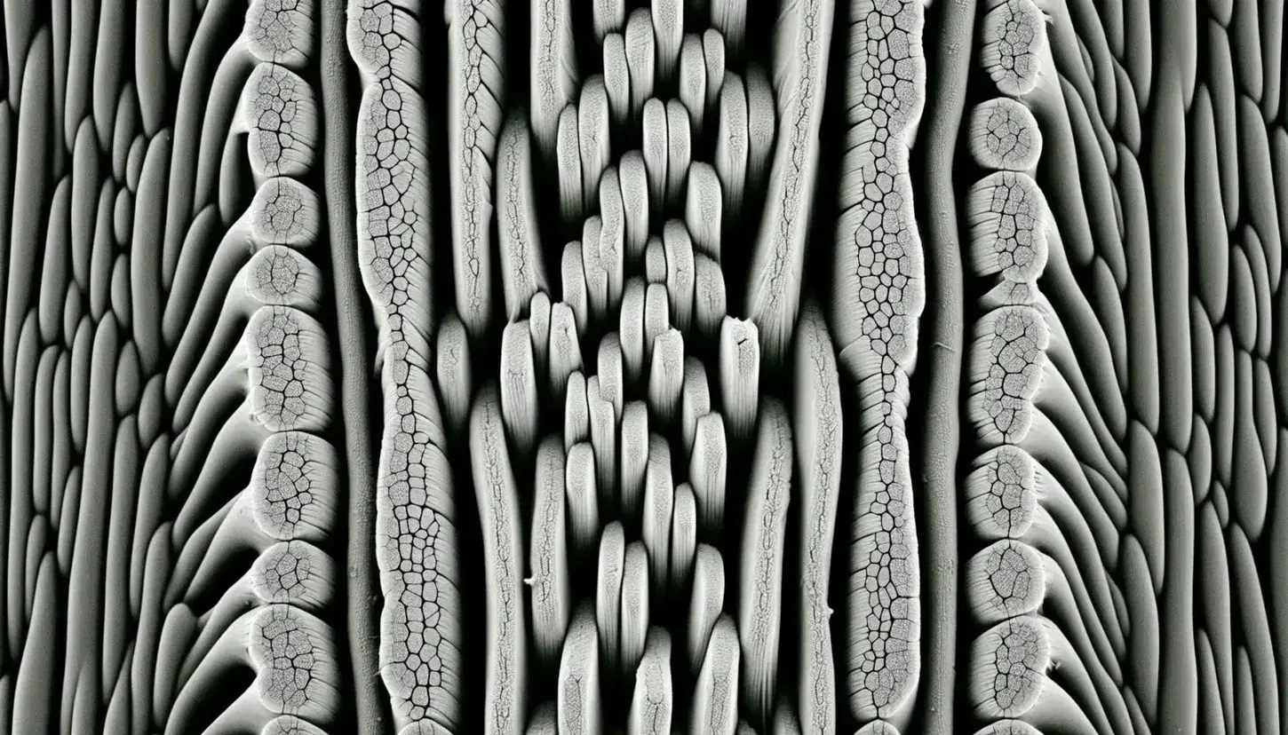 Fibra muscolare scheletrica al microscopio elettronico mostrando bande alterne chiare I e scure A con linee Z centrali, evidenziando la struttura interna e i sarcomeri.