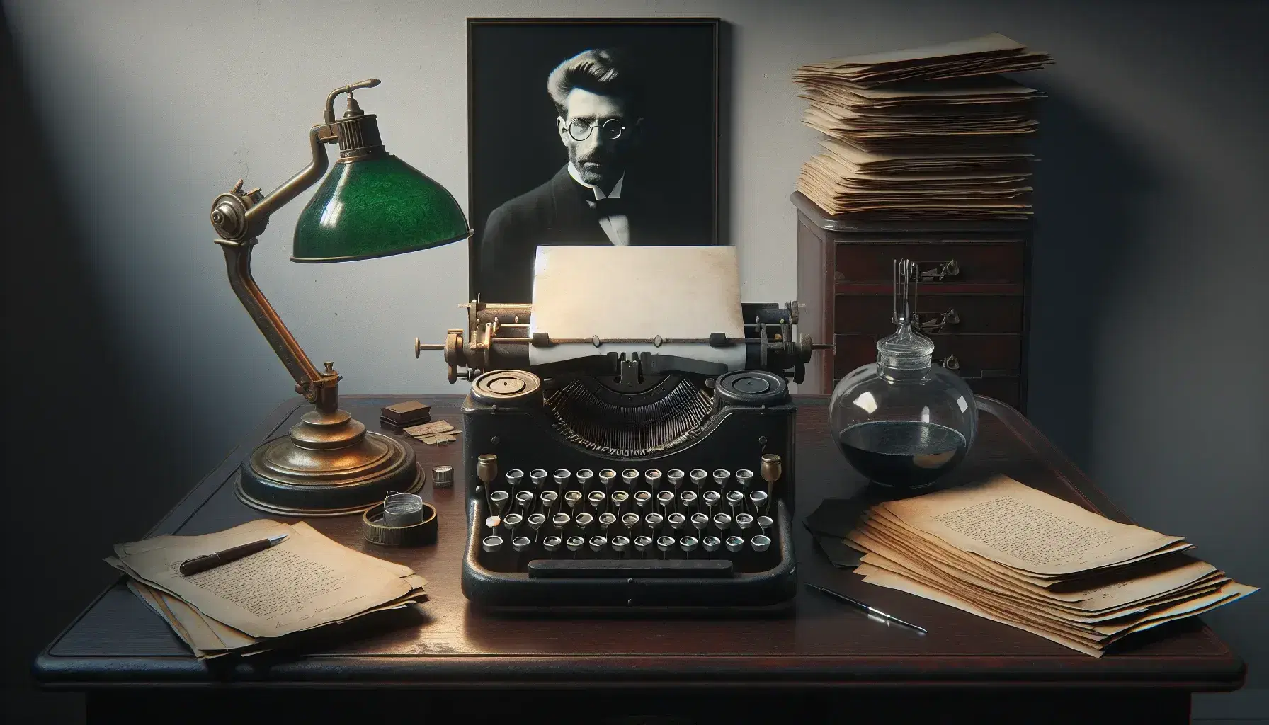 Macchina da scrivere vintage su scrivania in legno scuro con calamaio, fogli ingialliti e lampada antica, ritratto in bianco e nero sullo sfondo.