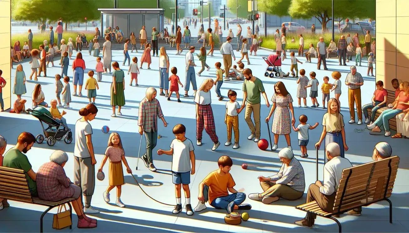 Grupo diverso de personas disfrutando de un día soleado en un parque, con niños jugando y adultos conversando en bancas, bajo un cielo despejado.