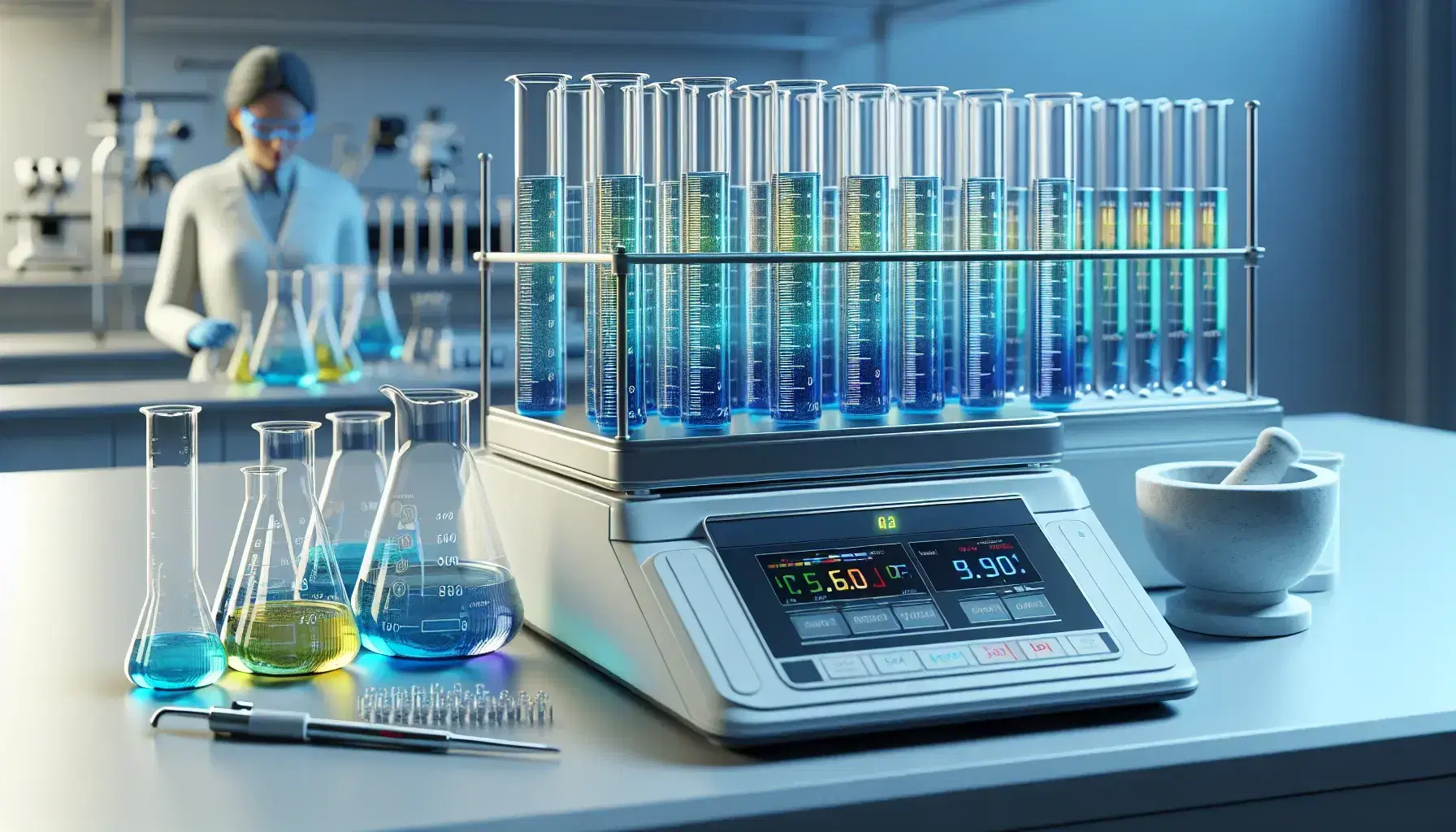 Laboratory with glass beakers and blue liquid in a row, digital scale with mortar, colored test tubes and researcher pipetting liquid.