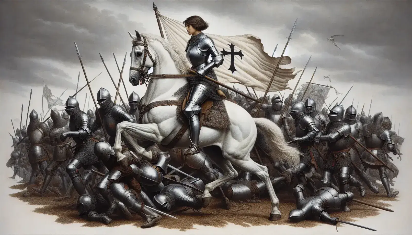 Cavaliere donna in armatura su cavallo bianco con bandiera a croce guida battaglia medievale tra soldati armati e tende sullo sfondo.