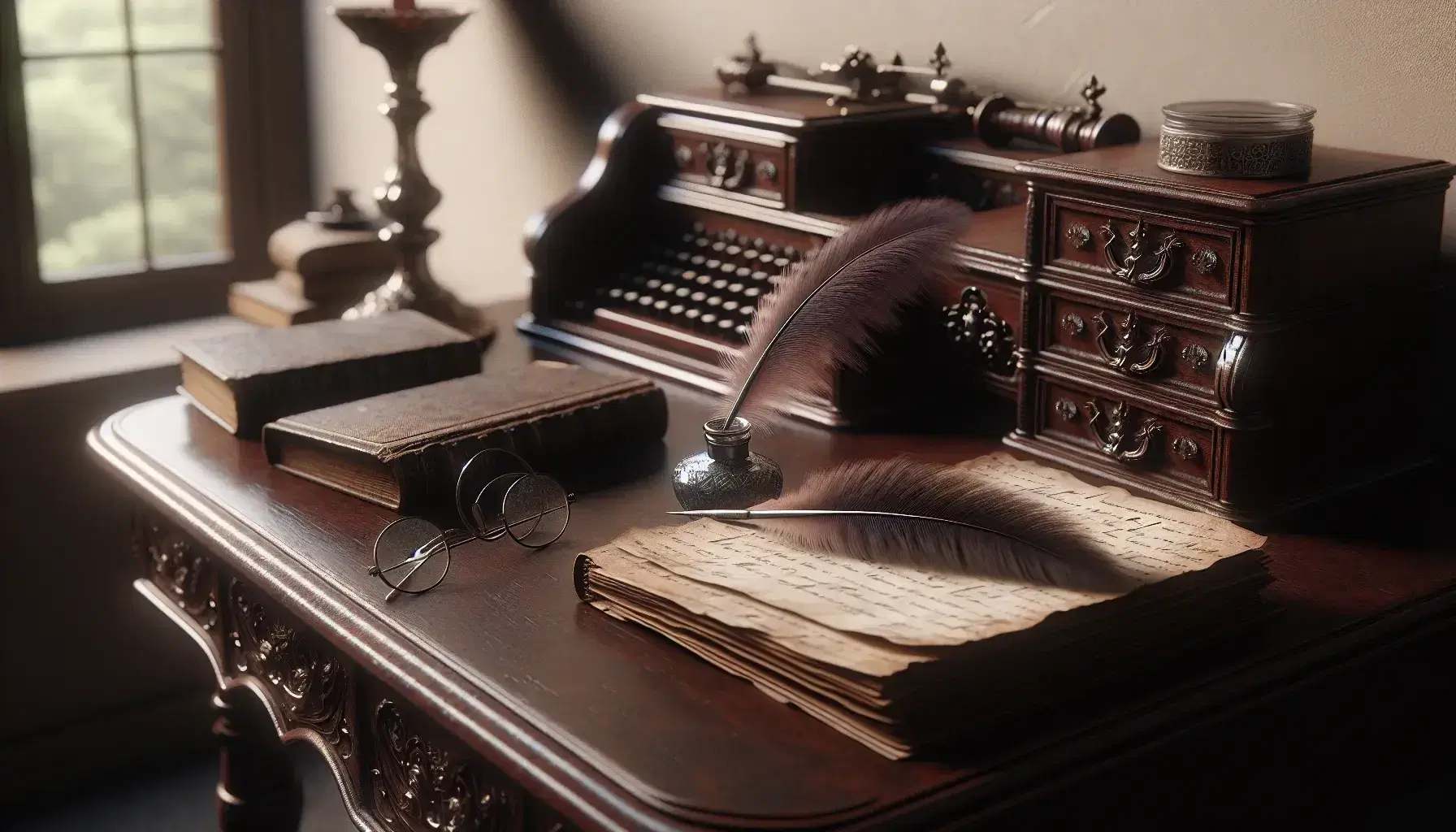 Vintage wooden desk with intricate carvings, quill pen, glass inkwell, hardcover book, and round eyeglasses in a softly lit, blurred historical setting.