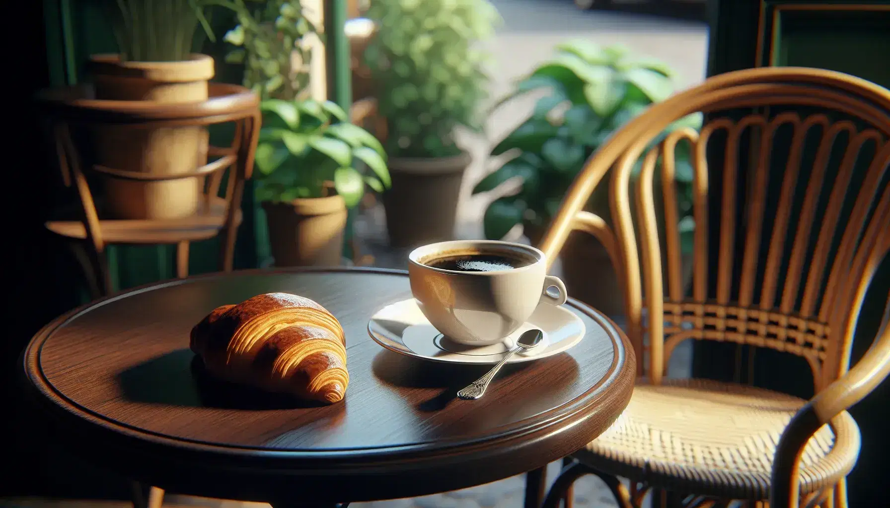 Close-up view of a French café table with a cup of black coffee, a flaky golden-brown croissant, and a traditional rattan bistro chair.