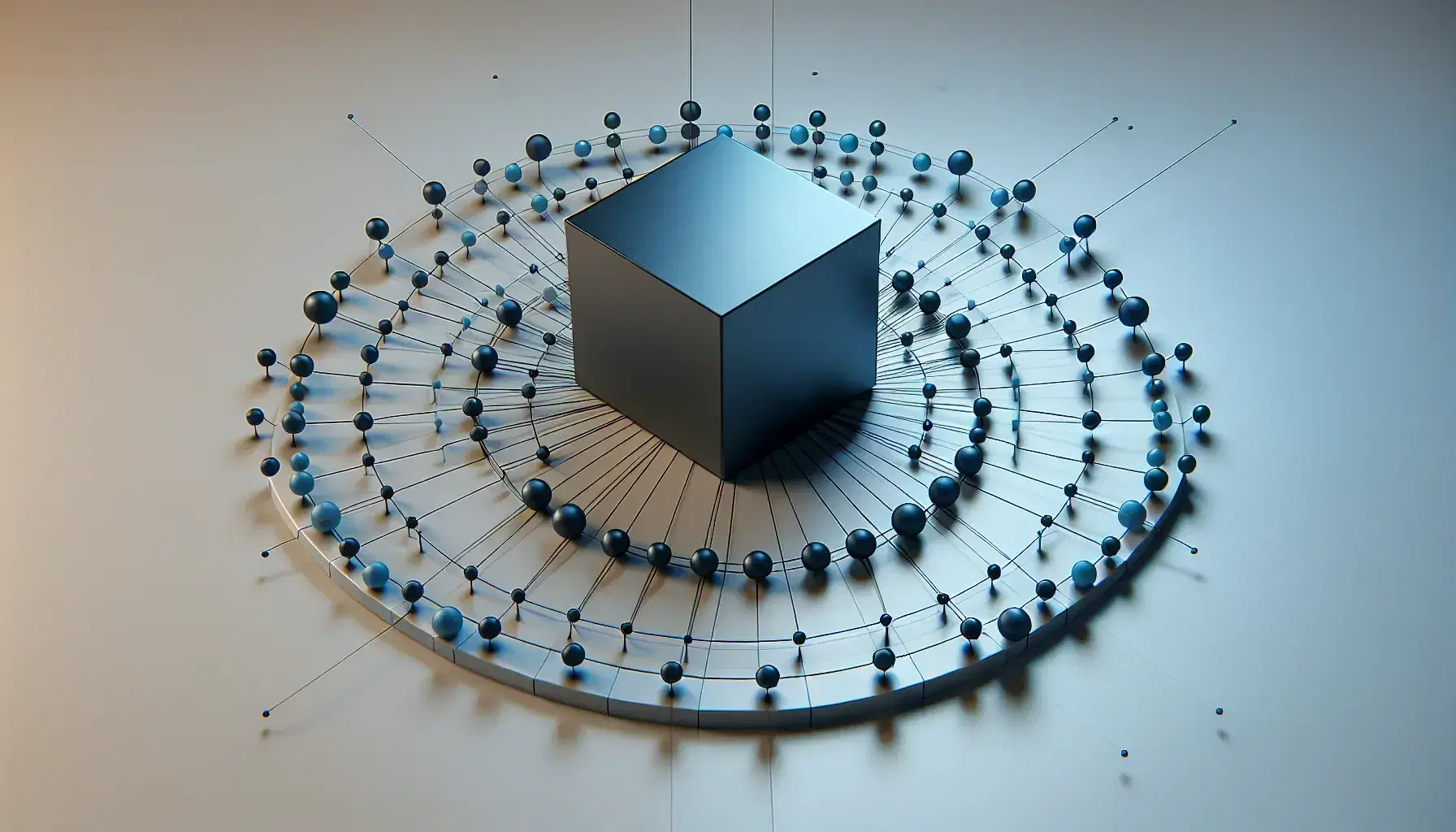 Estructura jerárquica con cubo central azul oscuro y esferas azules claras conectadas por líneas grises en fondo neutro, reflejando concepto de red o sistema organizado.