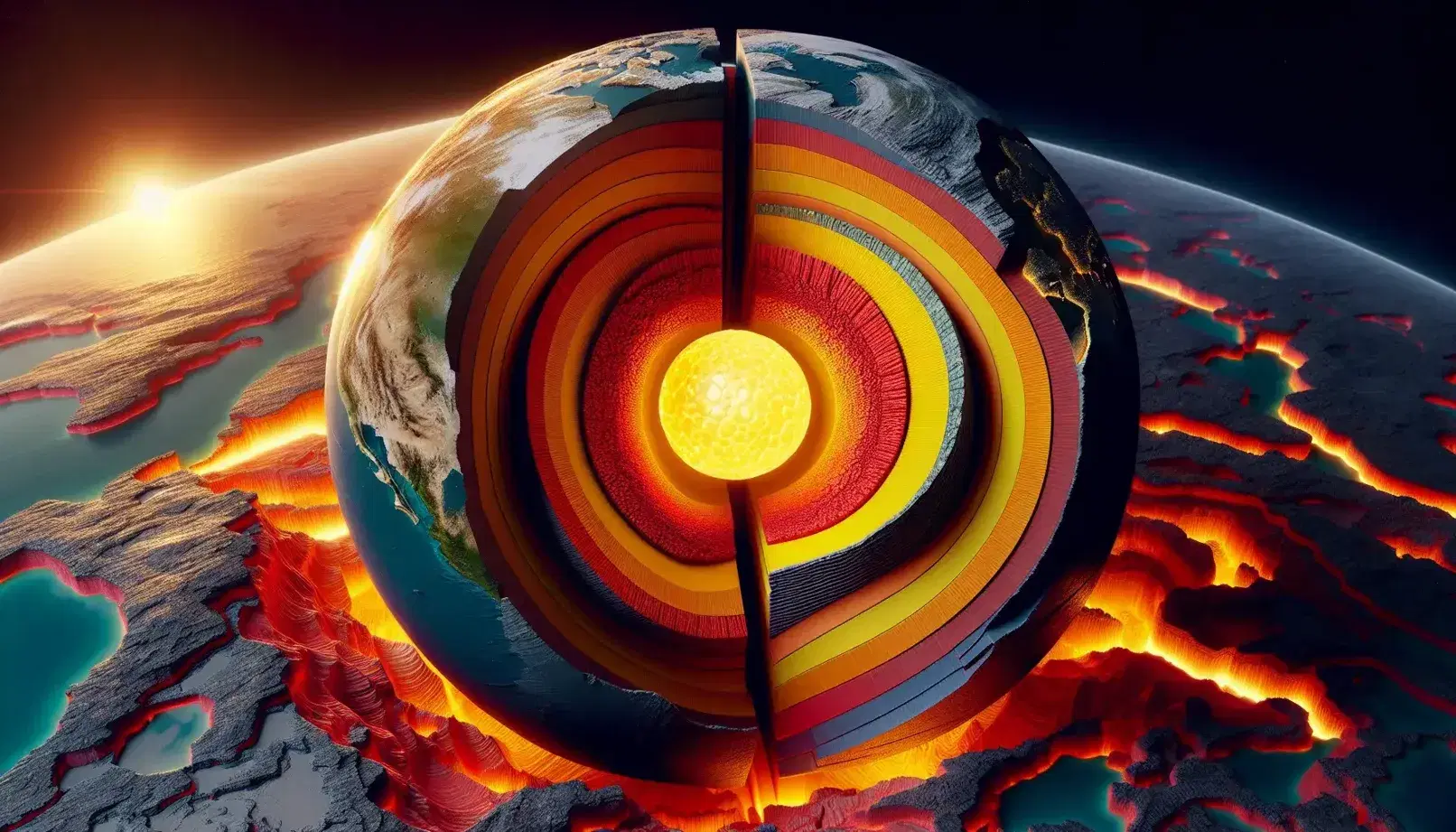 Sección transversal 3D de la Tierra mostrando núcleo interno amarillo, núcleo externo naranja, manto rojizo y corteza terrestre marrón con dorsal oceánica.