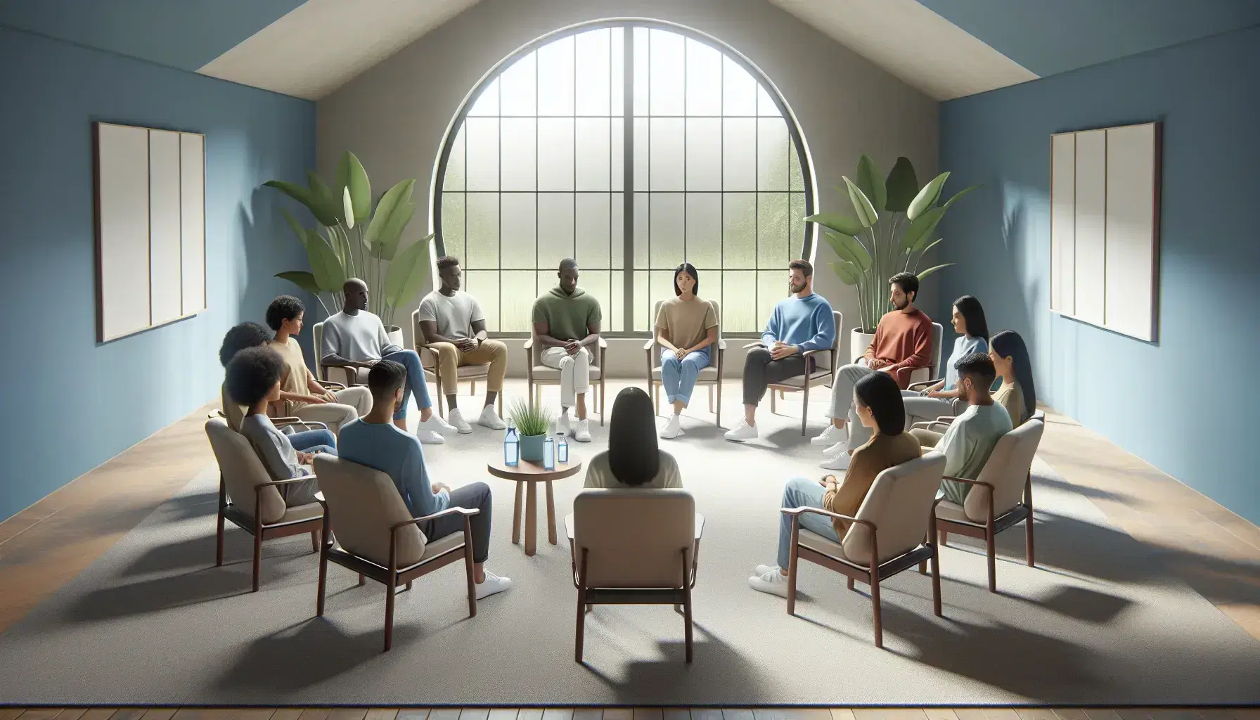 Group therapy session with attentive people of different ethnicities, sitting in a circle in a bright room with plants and table with water.