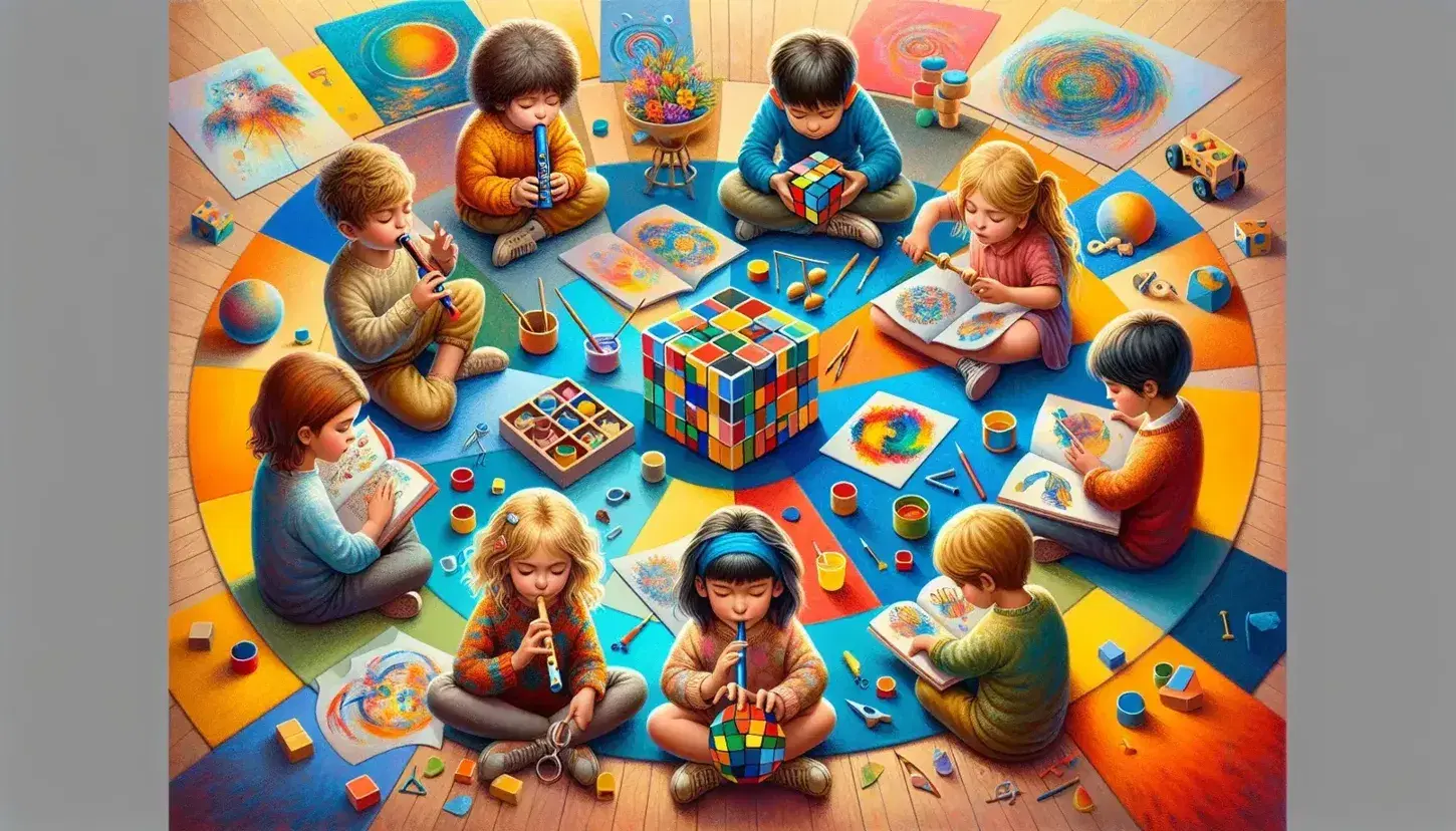 Bambini in aula impegnati in attività diverse: risolvere un cubo di Rubik, suonare un flauto, dipingere, leggere, costruire con blocchi, esplorare una pianta, danzare e parlare con un peluche.