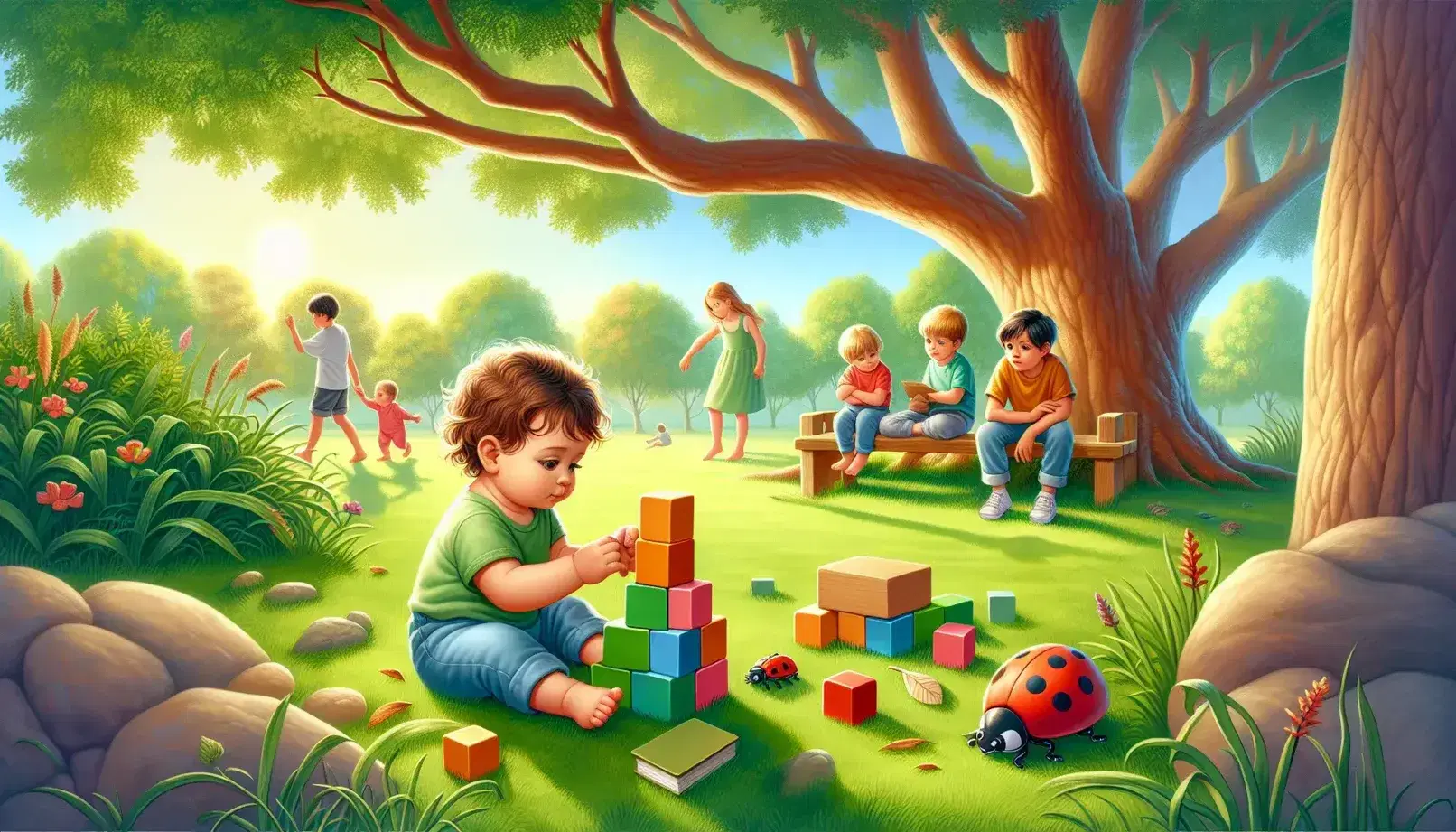 Peaceful nature scene with curly haired child playing with colorful blocks on the grass, children playing and teenagers under a tree.