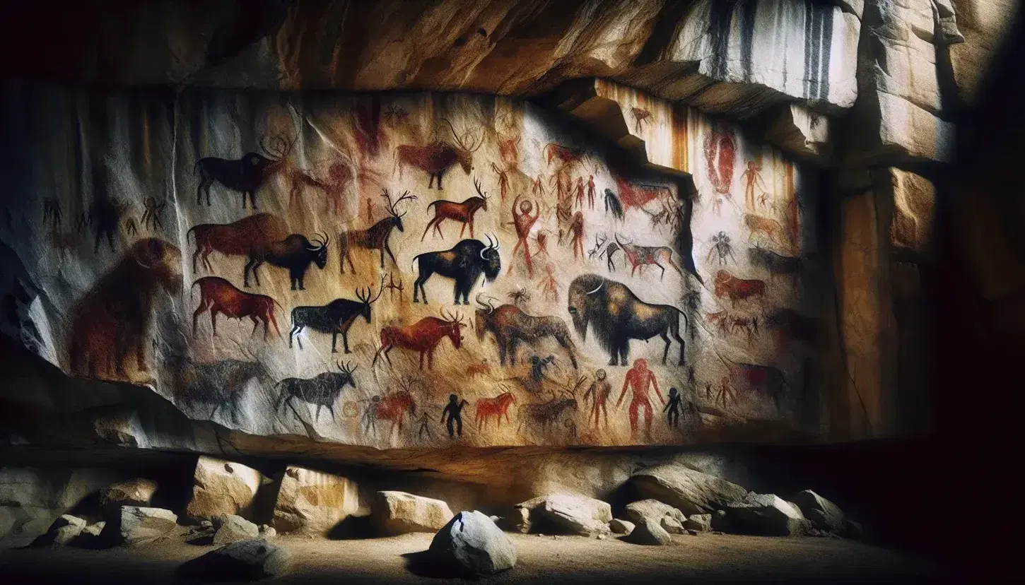 Pinturas rupestres en tonos rojos, negros y blancos de bisontes, caballos y figuras humanas estilizadas en una pared rocosa de cueva.