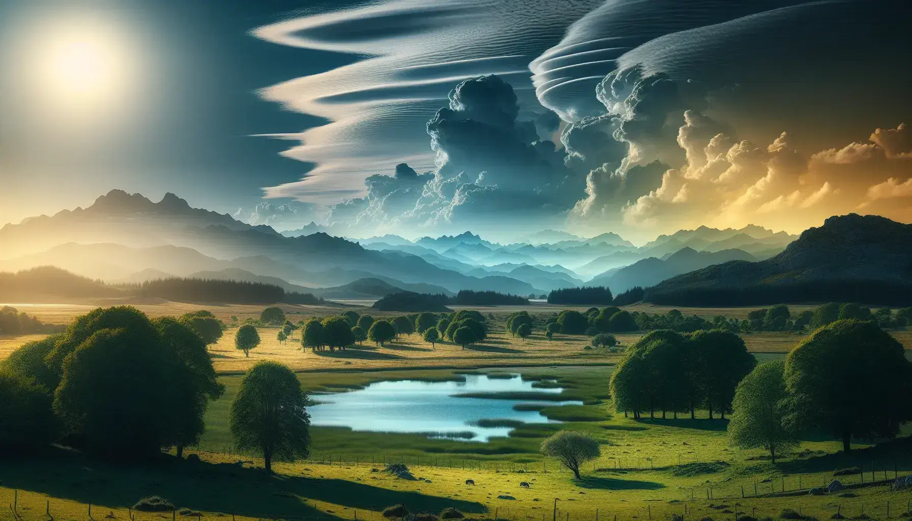 Paisaje natural español con campo de hierba verde, lago sereno reflejando el cielo, árboles frondosos y montañas con cimas nubladas bajo un cielo degradado.