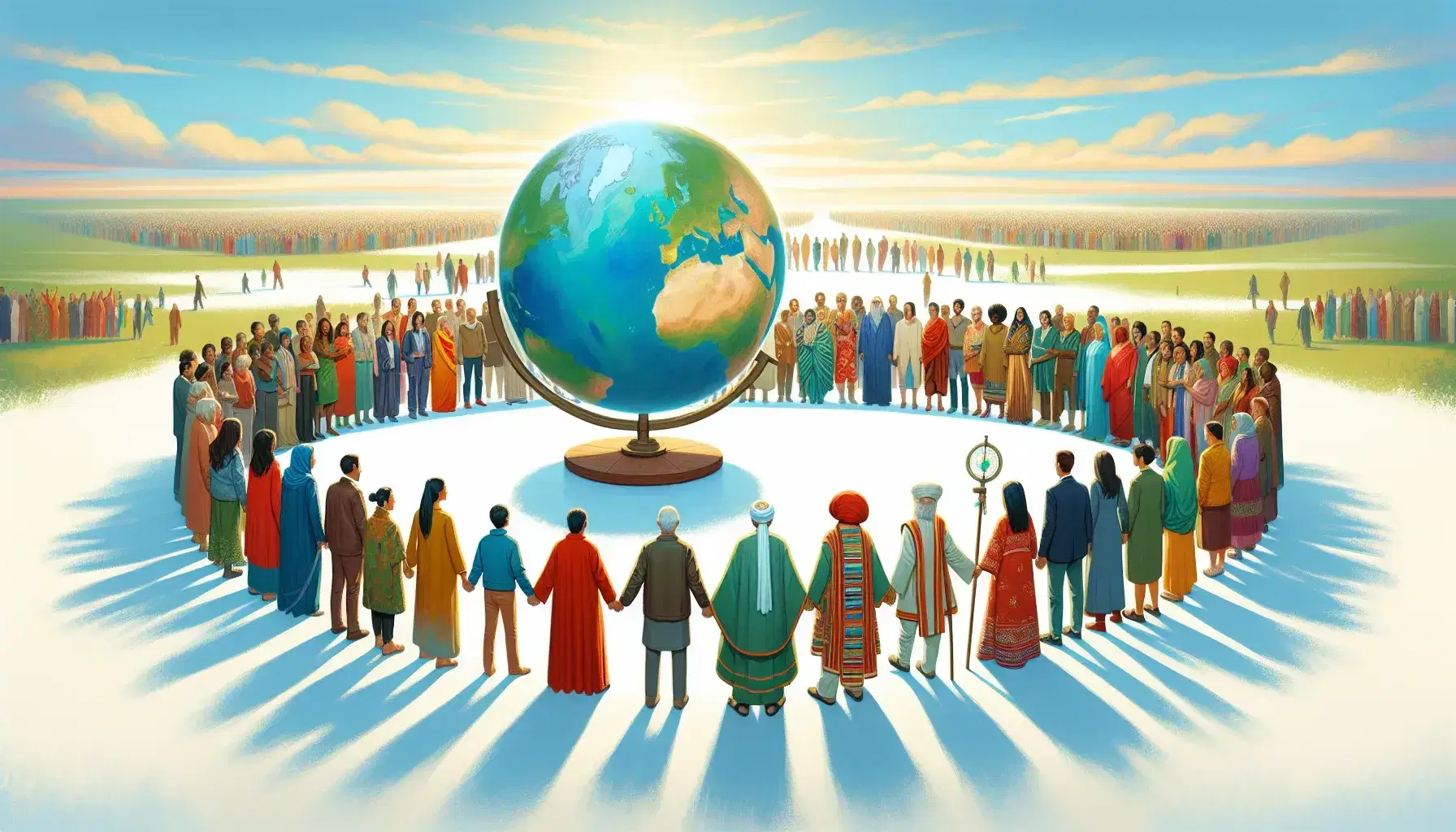 Círculo de personas diversas de distintas edades y etnias tomadas de las manos alrededor de un globo terráqueo, representando unidad y diversidad cultural bajo un cielo despejado.