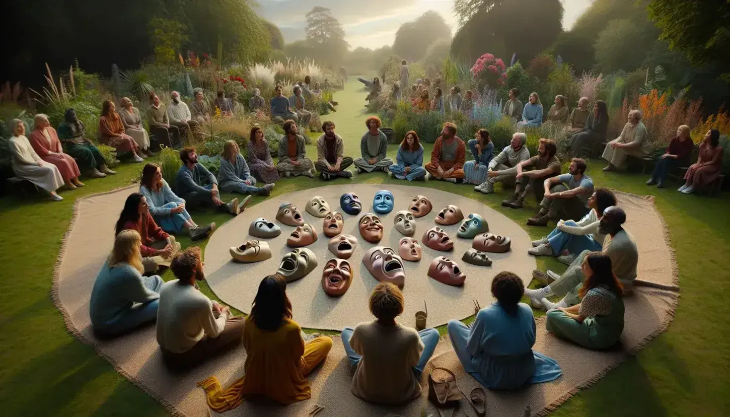 Grupo diverso de personas en conversación al aire libre con máscaras teatrales en el centro, rodeados de vegetación y flores en un día despejado.