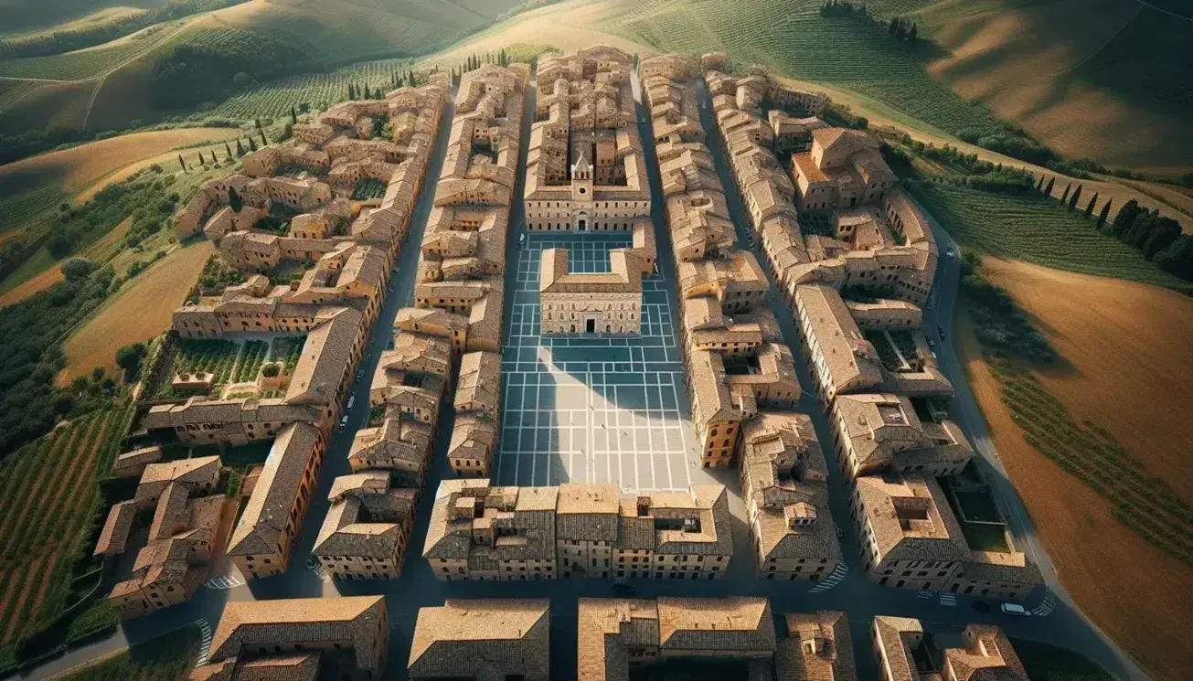 Veduta aerea di Pienza in Toscana, con piazza centrale, edifici in pietra chiara, tetti in terracotta e strade simmetriche immersi nel verde.