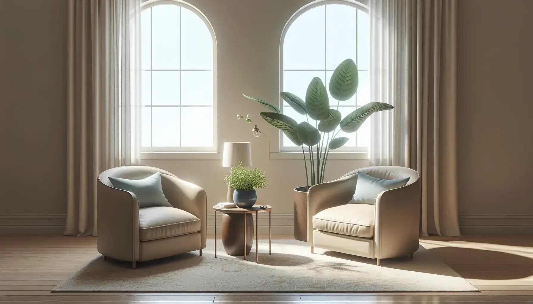 Sala de terapia acogedora con dos sillones beige enfrentados, cojín azul claro, planta interior, mesa de madera y alfombra gris, bajo una iluminación natural suave.