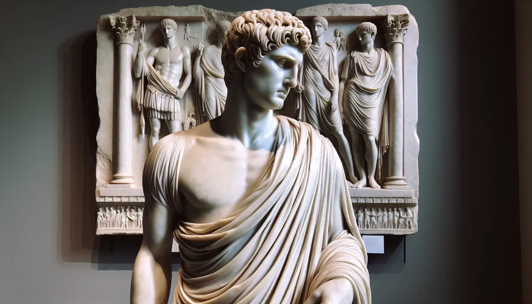 Escultura romana de mármol blanco de figura masculina con toga y relieve con escena de interacción humana en el fondo, destacando detalles y texturas.