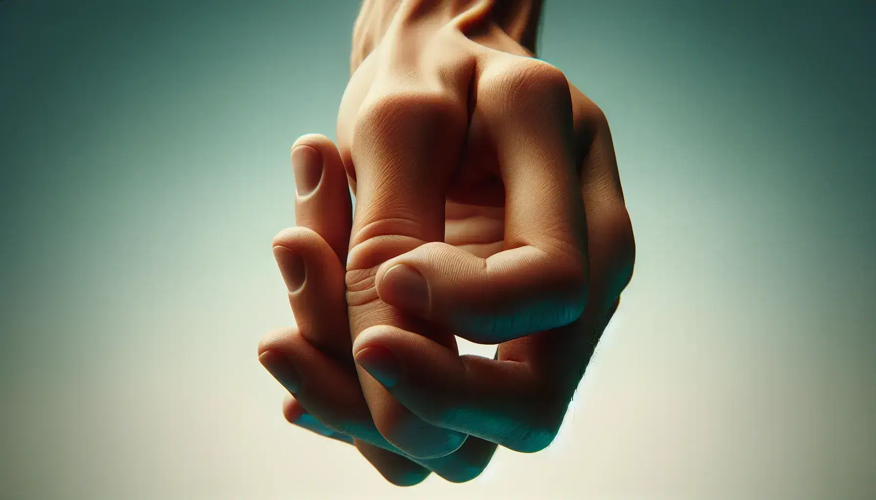 Intertwined hands in the foreground on a blue-green gradient background, emphasis on the strength and texture of the skin, without distinguishing marks.