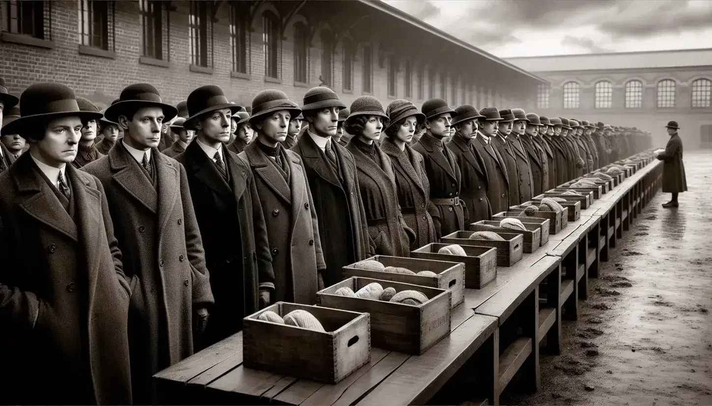Grupo de personas vestidas al estilo de los años 20 y 30 frente a una mesa con cajas de madera y bolsas de tela con alimentos, bajo un cielo nublado.