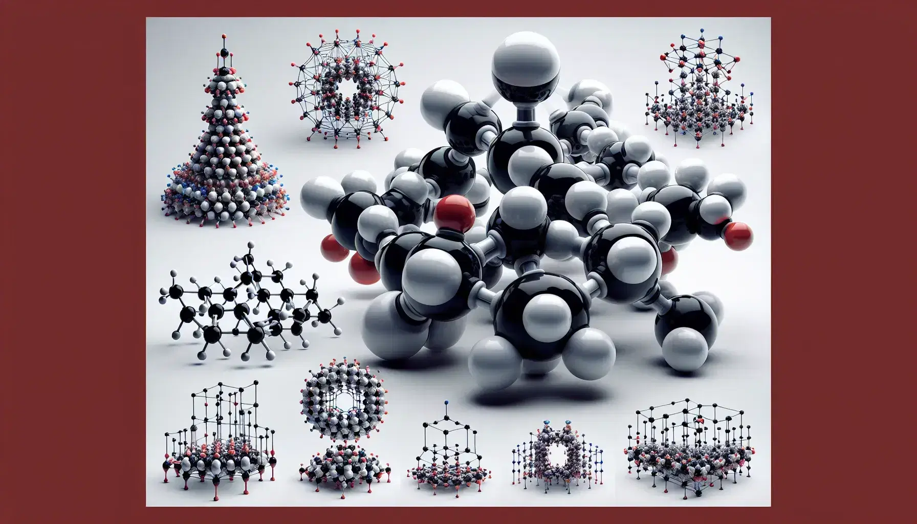 Three-dimensional molecular models with colored atoms and bonds, showing conformational isomers of cycloanium in chair and boat shapes on white background.
