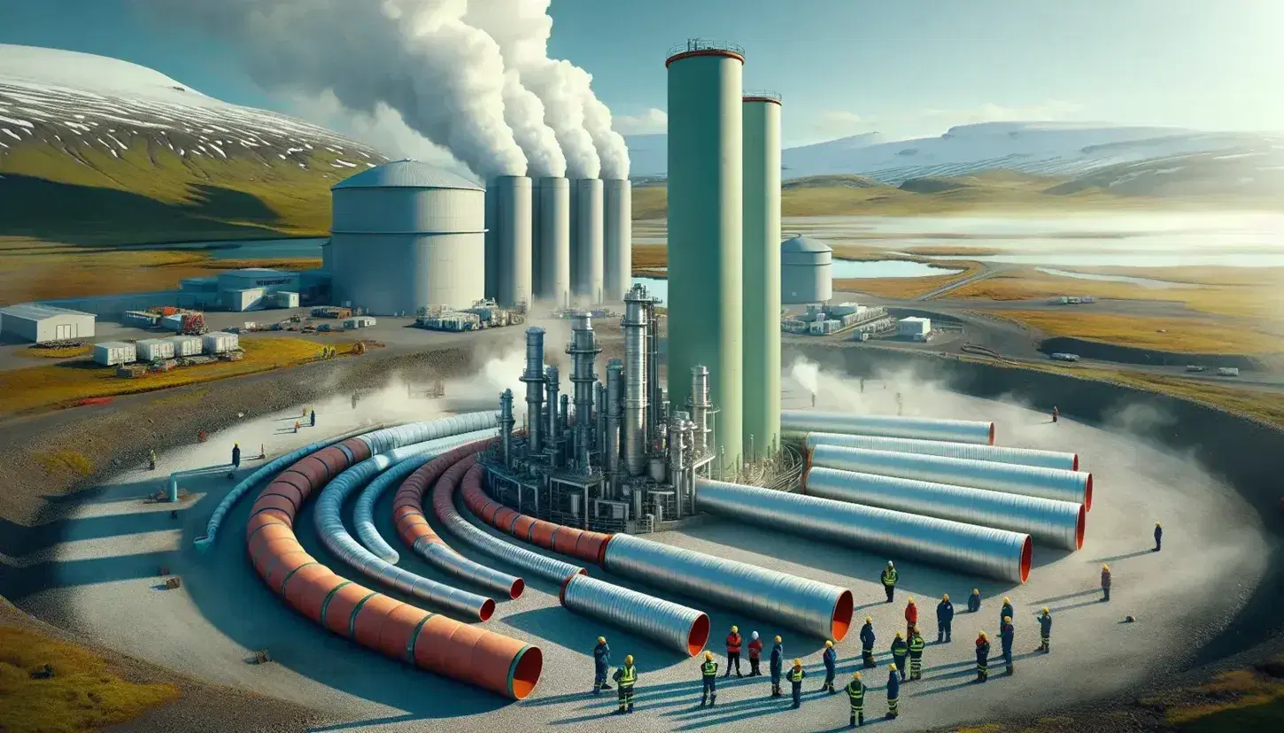 Geothermal power plant in Iceland with circular well, insulated pipes and steam from industrial buildings on background of green hills and blue sky.