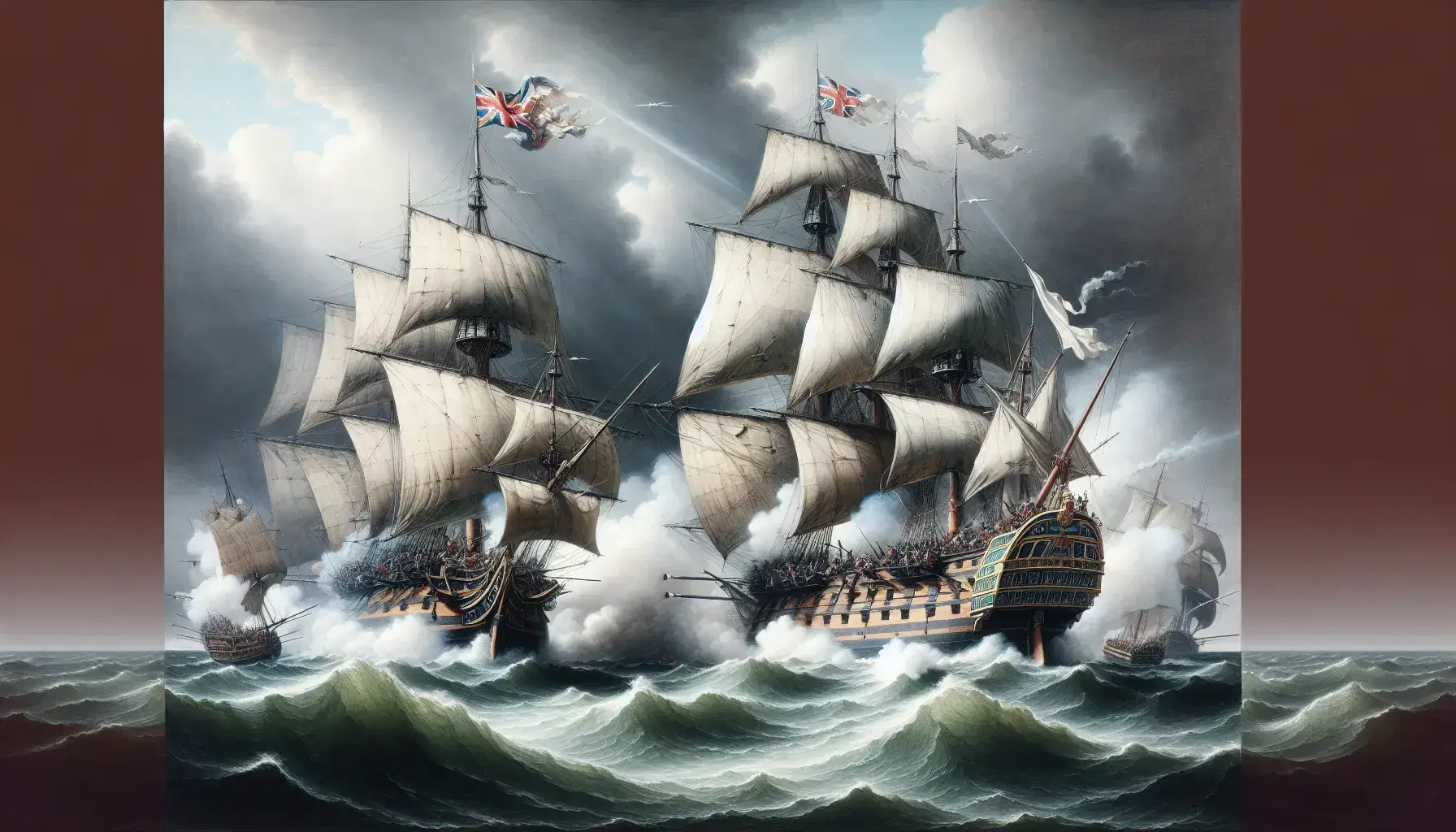 17th-century Anglo-Dutch naval battle with warships exchanging fire, sailors in combat, amidst rough seas and smoke-filled skies.