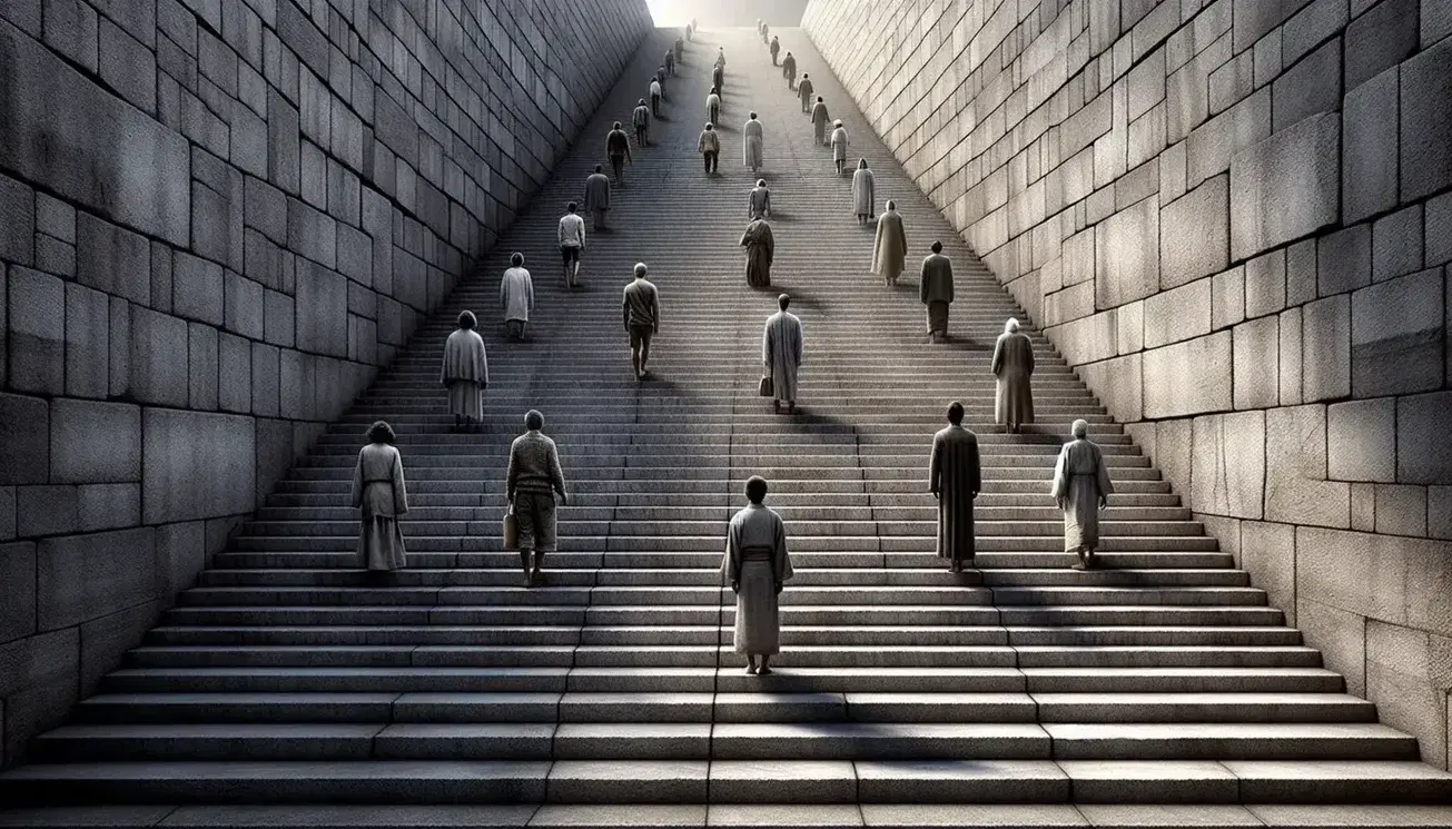 Escalera de piedra con personas de distintas edades y vestimentas ascendiendo en fila, cada una en un peldaño, mirando hacia arriba.