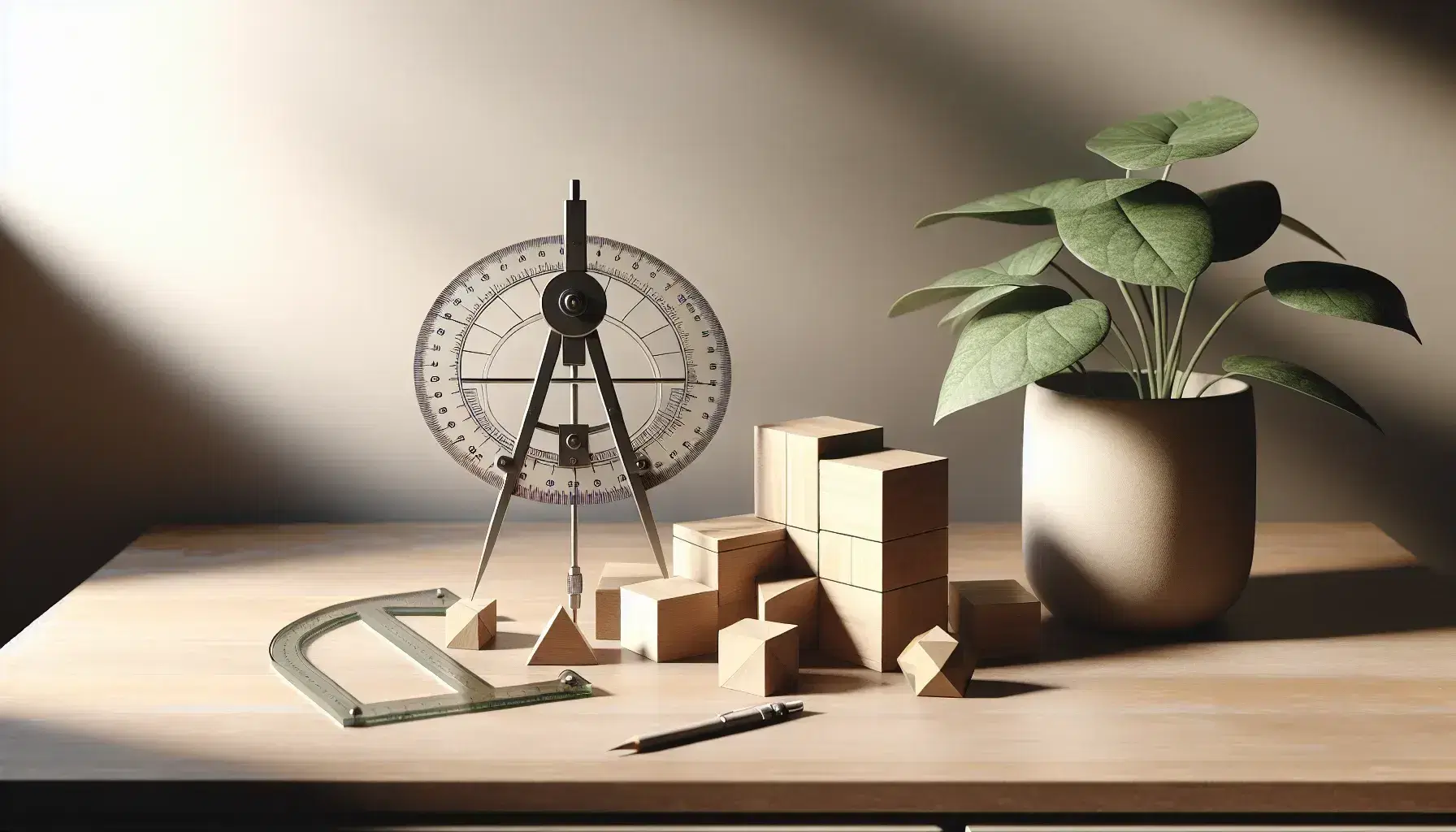 Organized desk with a blackboard compass, clear protractor, and assorted wooden geometric blocks, beside a vibrant potted plant casting soft shadows.